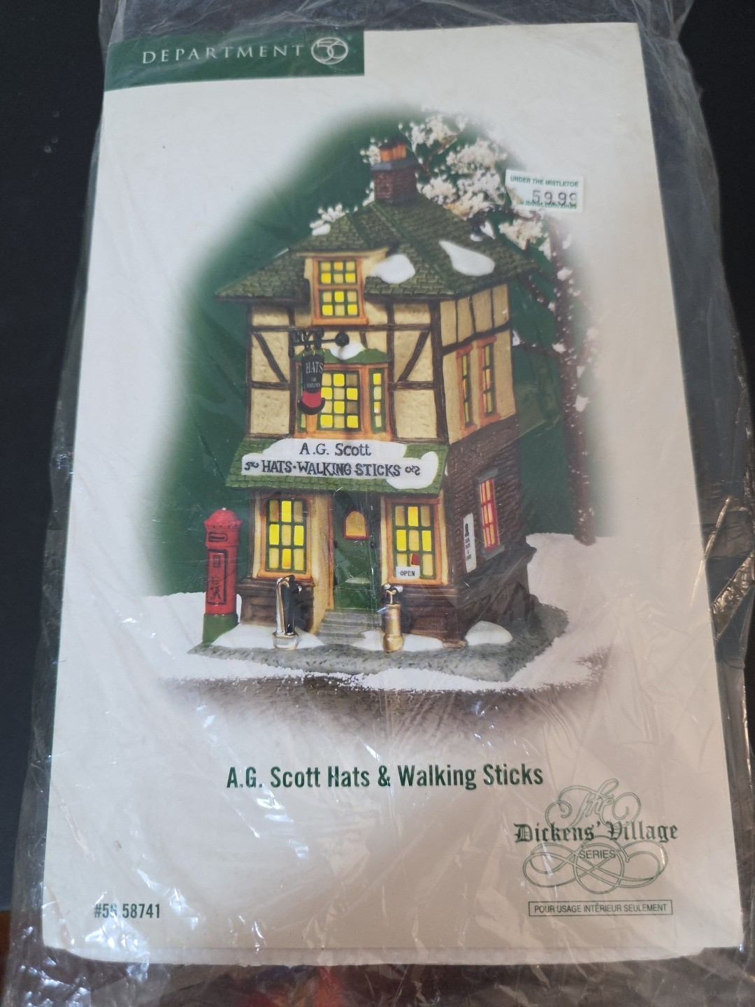 Dept 56 Dickens Village “A.G. Scott Hats & Walking Sticks” #58741 Lighted House