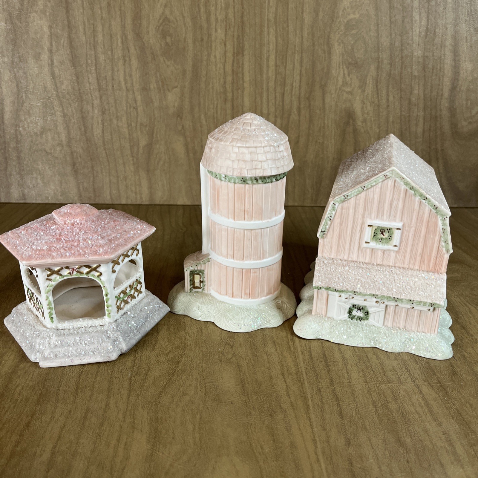 Hand Painted Ceramic Barn Silo Gazebo Christmas Village Glitter Snow Decor