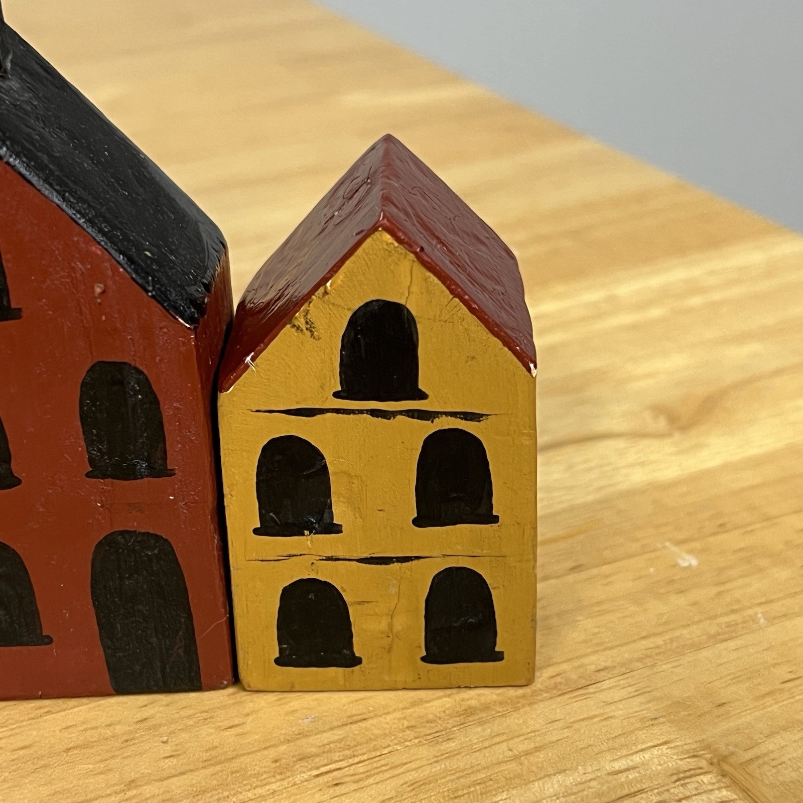 Primitive Folk Art Wood Block Village Houses Set Of 4 Handmade And Painted Shops