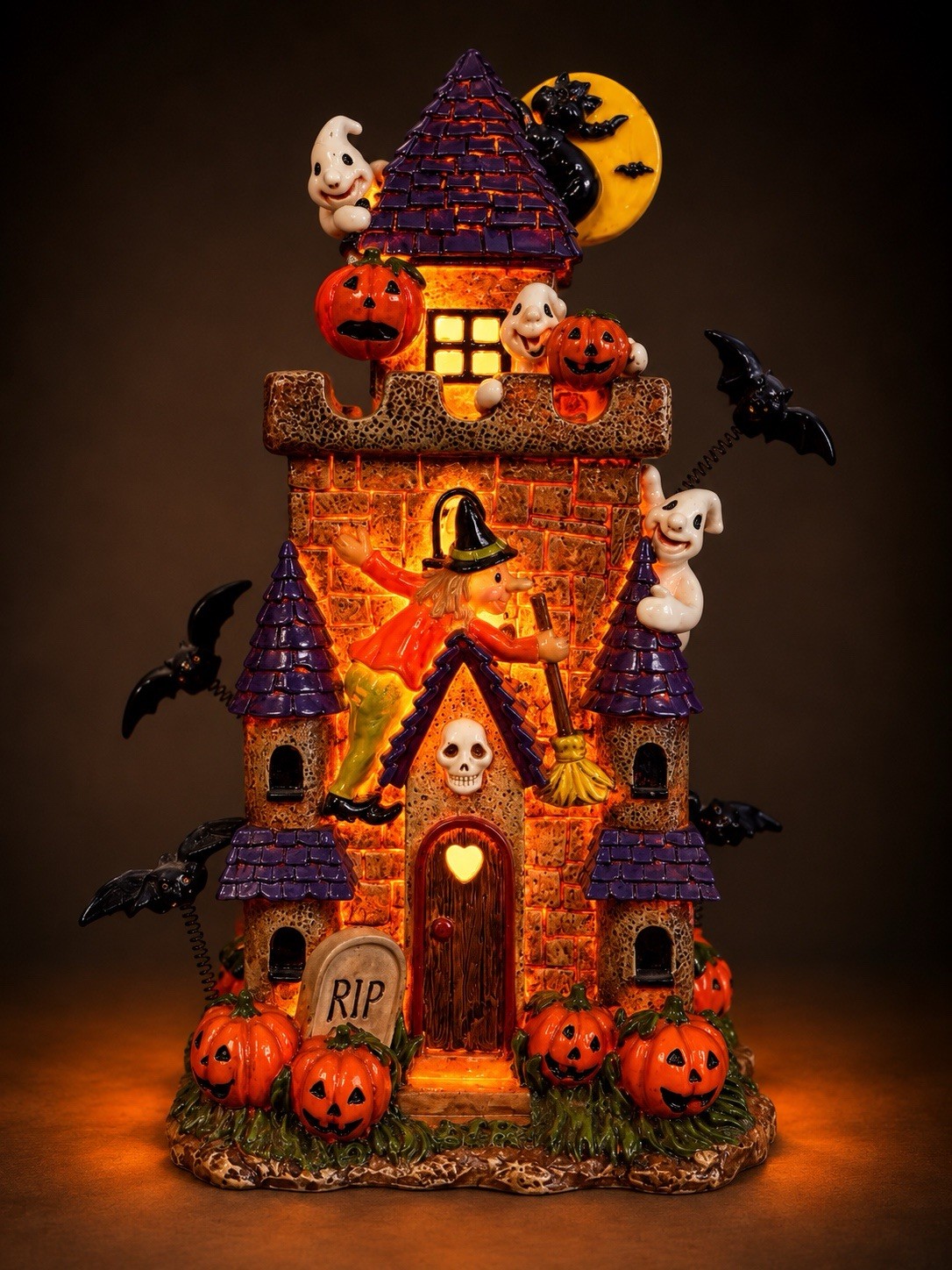 Set of 3 Illuminated Resin Halloween Haunted House Village Decor Ghost Witch Bat