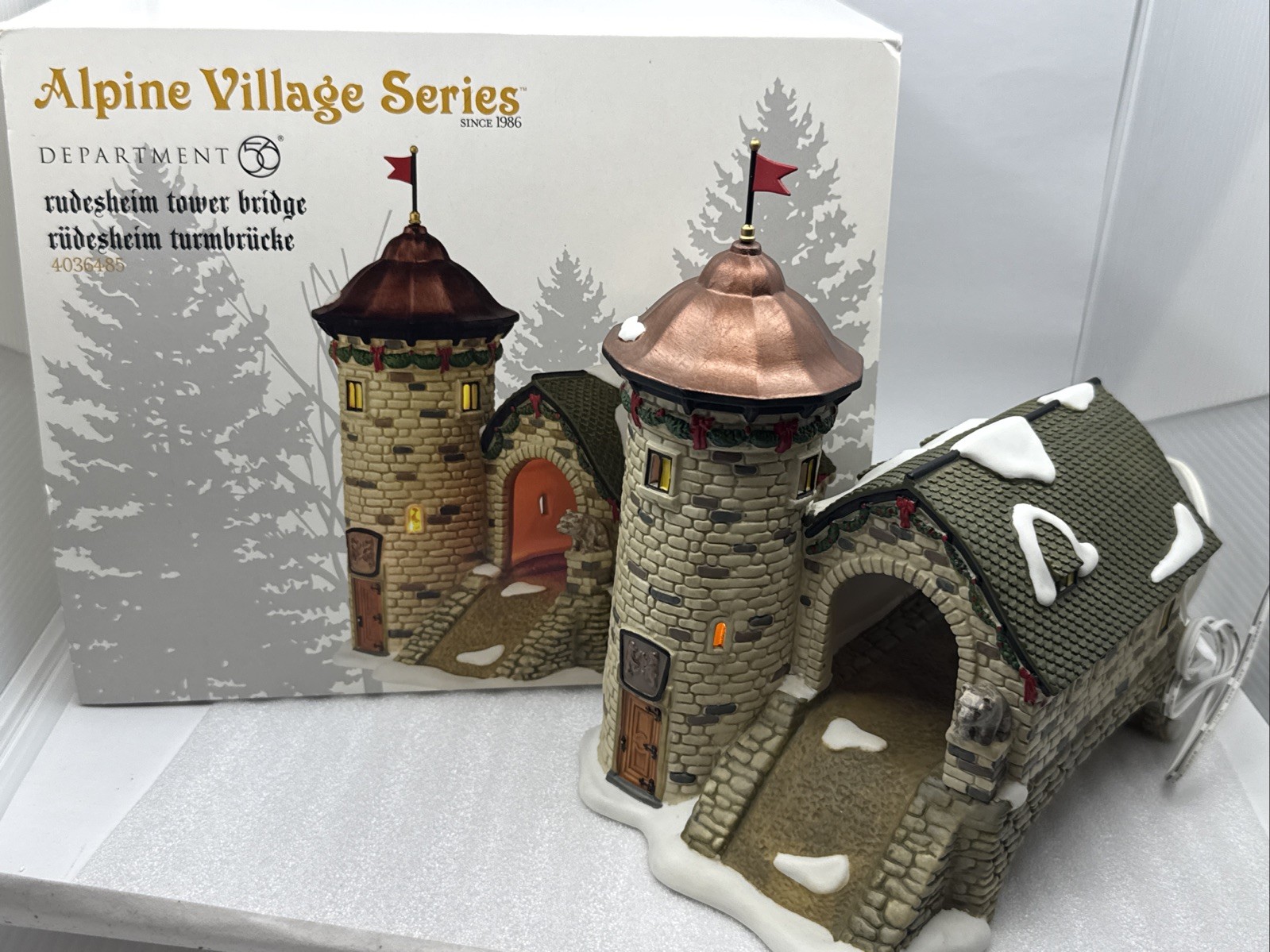 DEPARTMENT 56 RUDESHEIM Tower Bridge #4036485 Lighted Alpine Village Series 2014