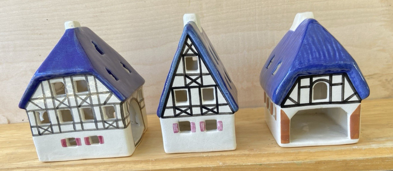 Set of 3 Vintage Ursula Leyk Tea Light Cottages`w/Blue Roofs~Dated 1985 and 1988