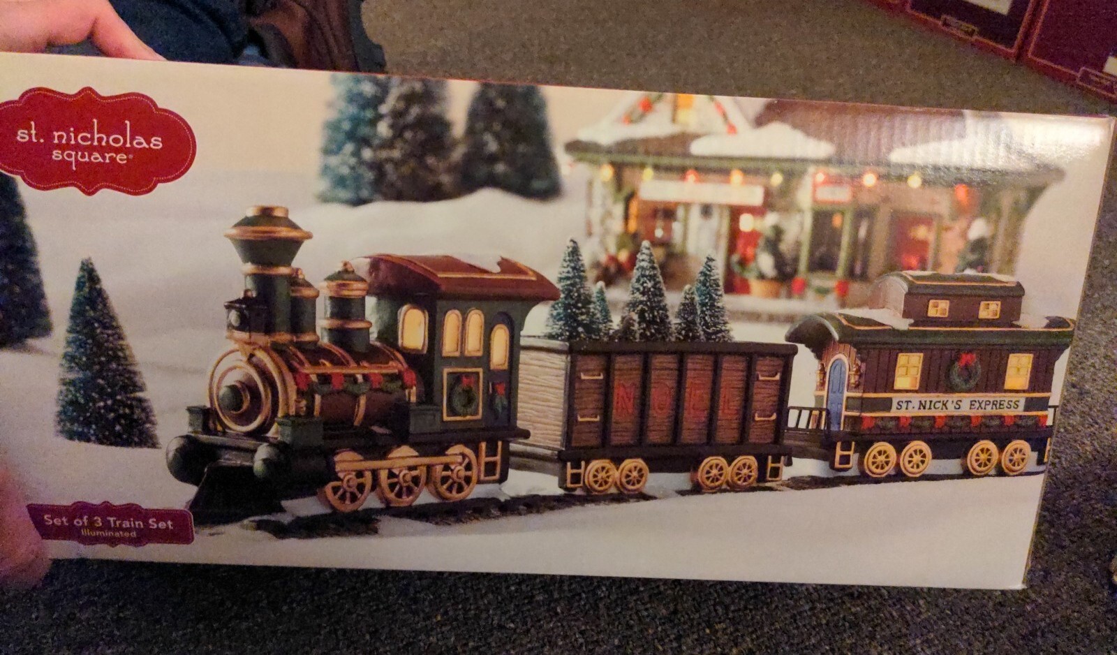St Nicholas Square Train Set of 3 in Box Ceramic Village Lighted Hand Painted .
