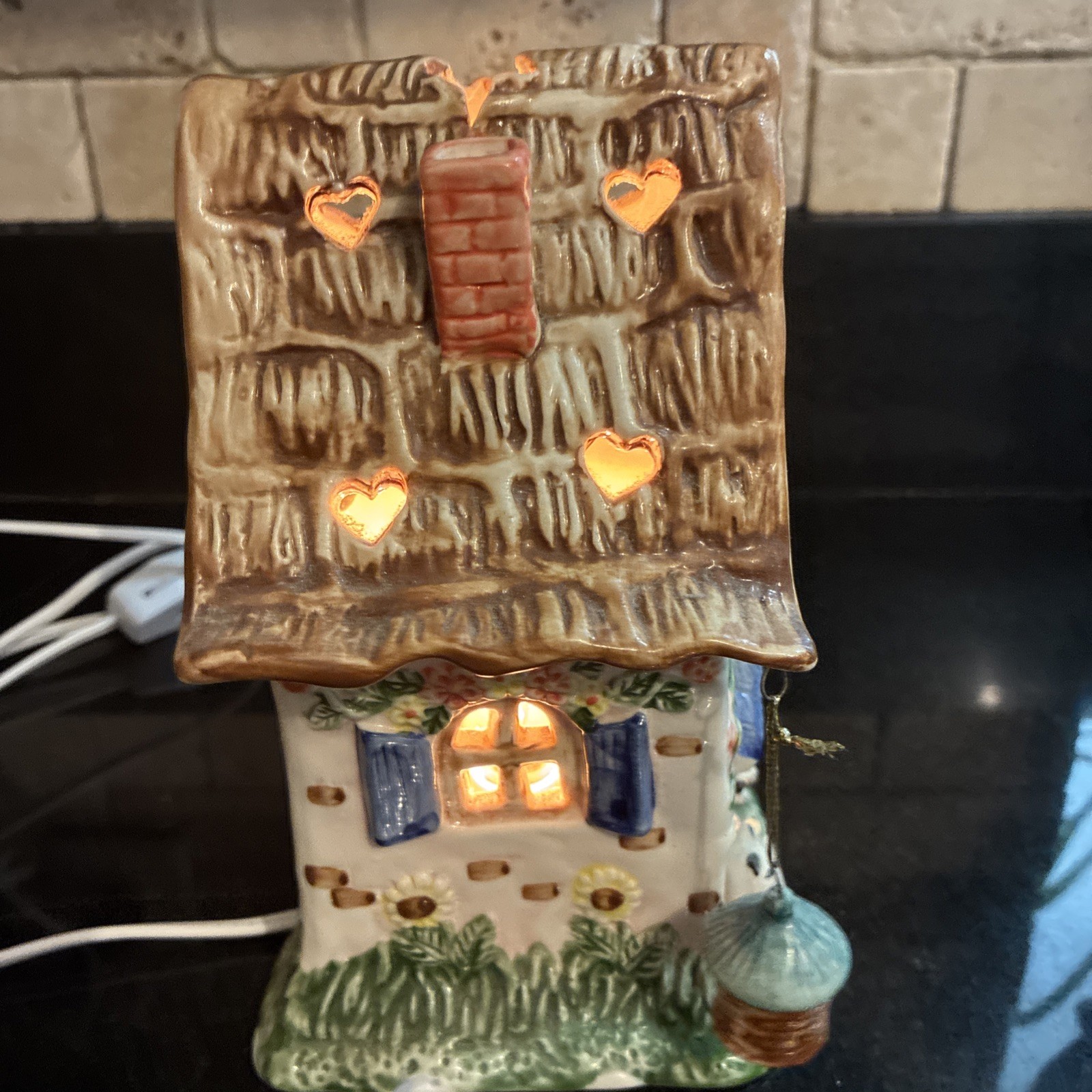 Vintage Whimsical Lighted Fairy Cottage House Bird Cat Flowers Cottagecore