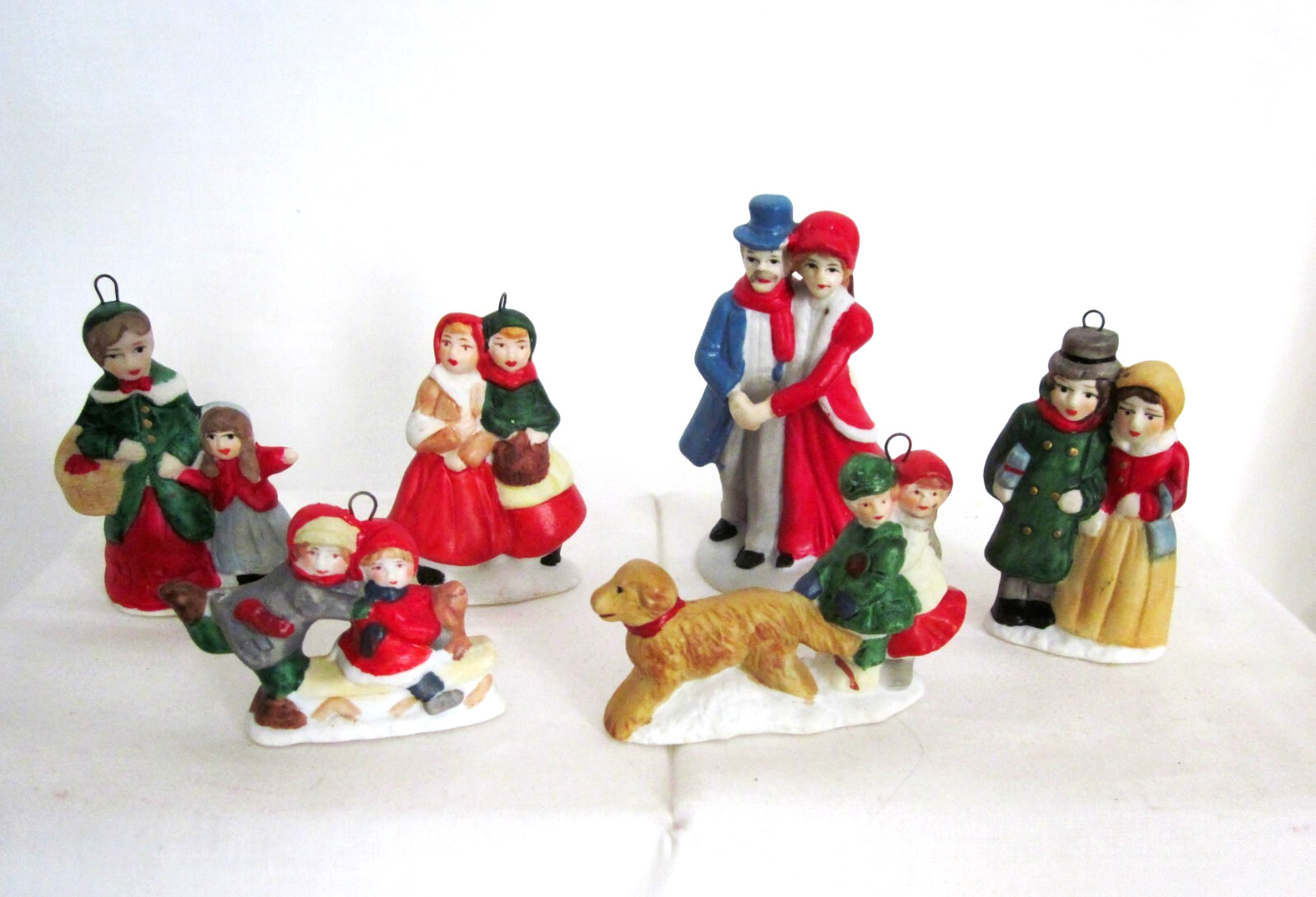 6 Vintage Bisque Christmas Village People Ornaments Made in Taiwan