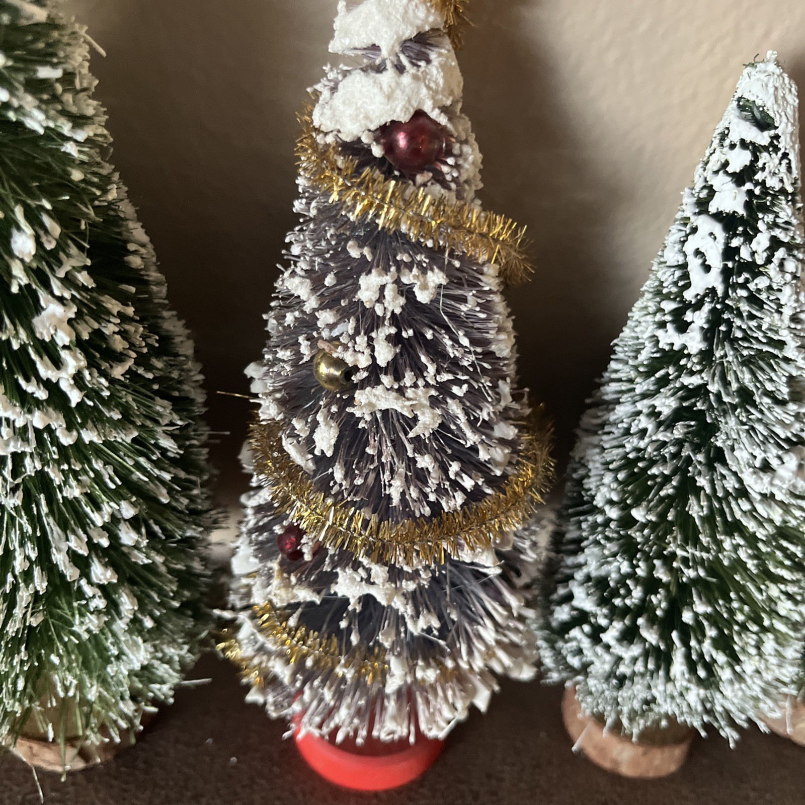 Six Vintage Taiwan Bristle Brush Snow Pine Tree Lot Of Trees 5”-9.5” Christmas