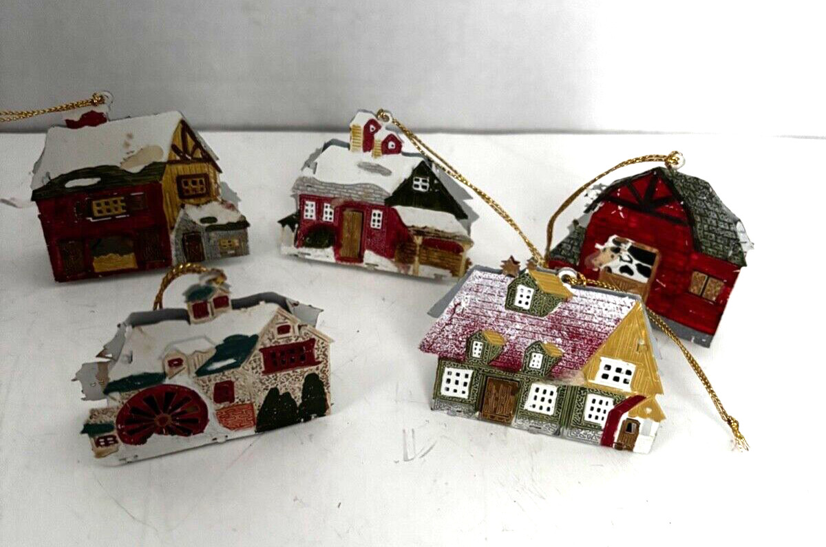 SET of 5 Farm Village Barn Mill Metal mini light covers Painted Christmas 2″