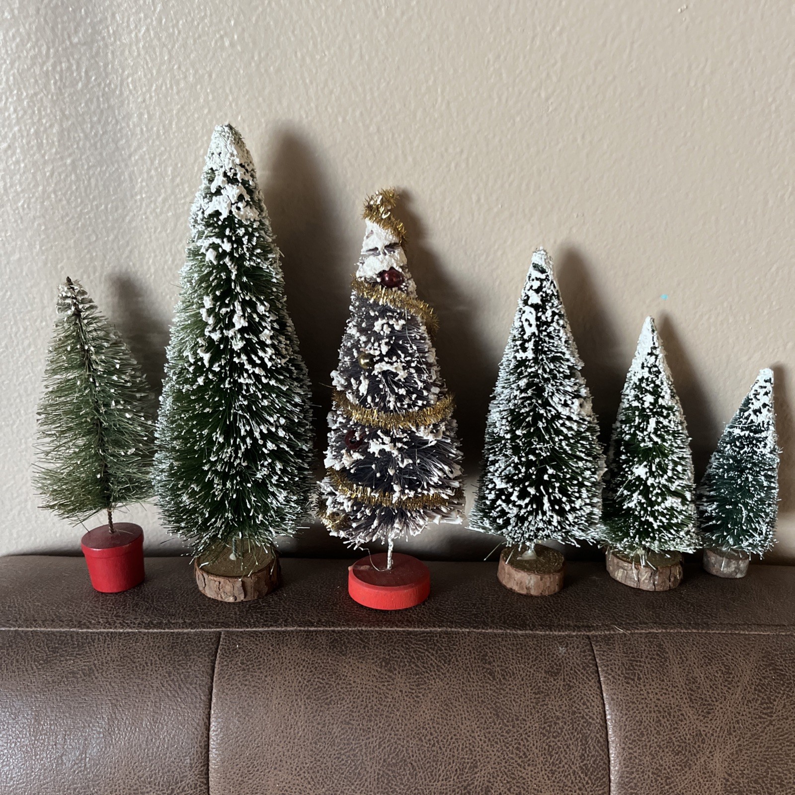 Six Vintage Taiwan Bristle Brush Snow Pine Tree Lot Of Trees 5”-9.5” Christmas