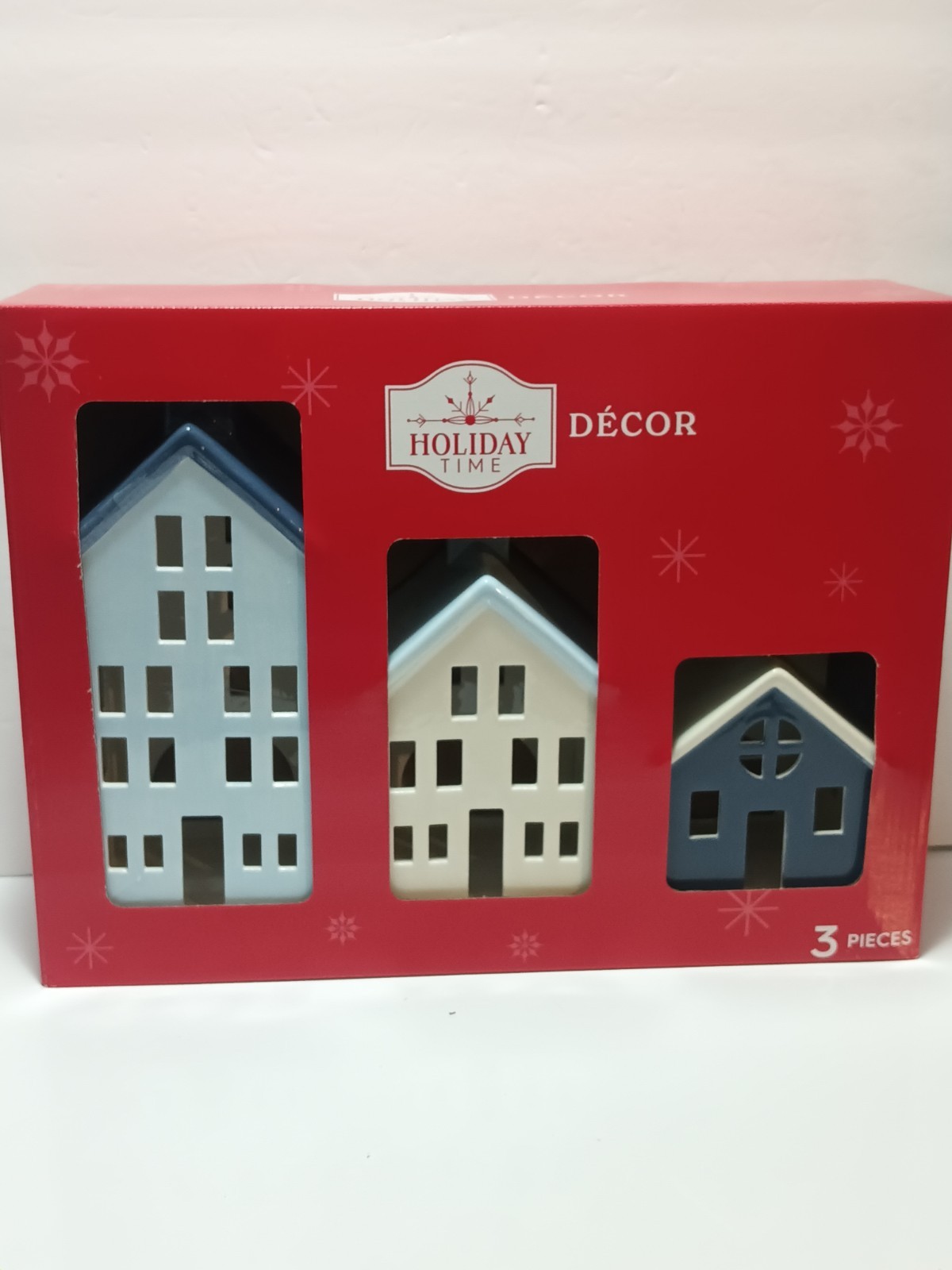 3 Piece House Toy ceramic tealight candle holders. ‘Sizes Tall.10″ 7″ 5.5″