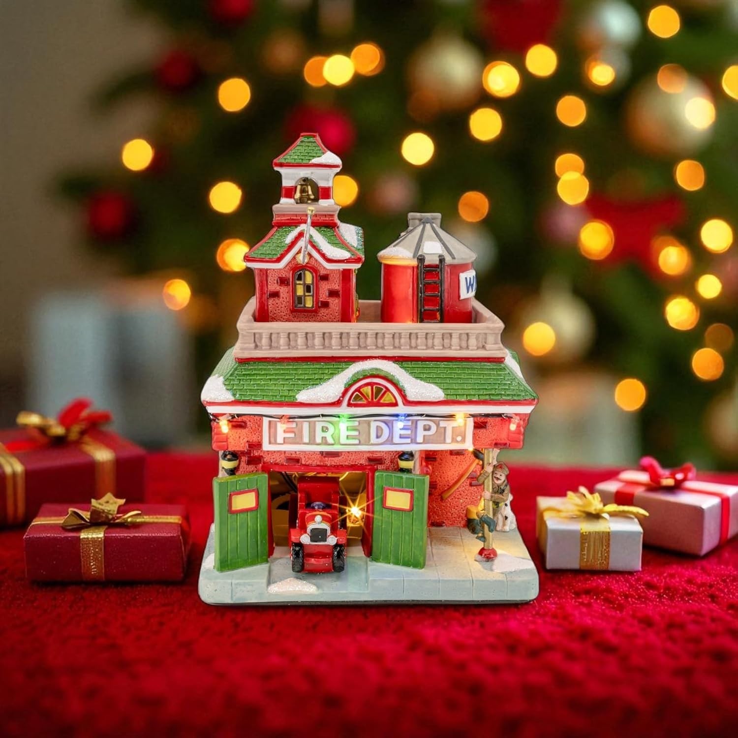 Vintage Fire Department Porcelain Christmas Village with LED Lights