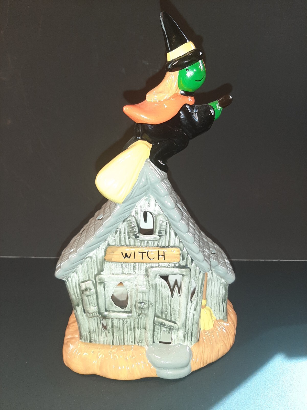 Witch House Halloween Luminary Candle Holder Ceramic Flying Broom Taiwan Vintage