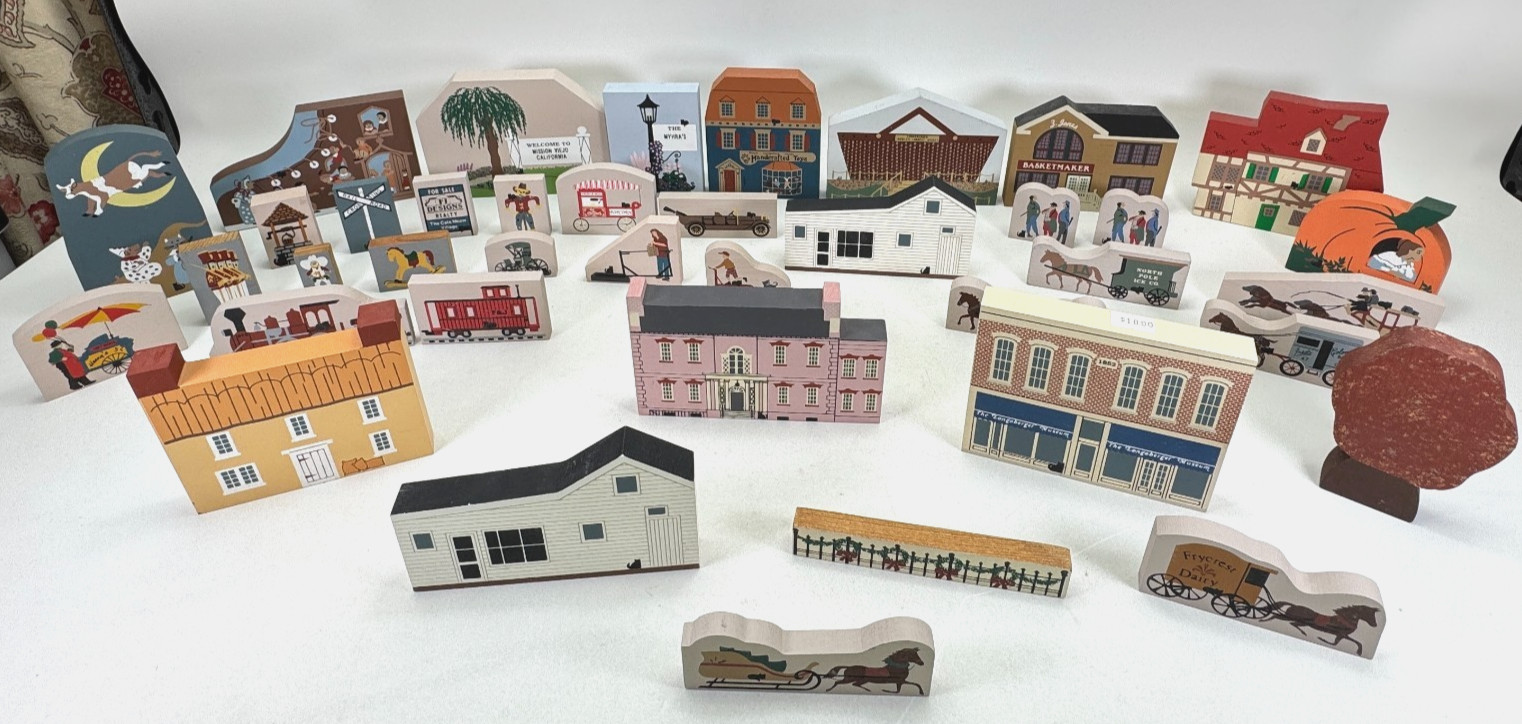 Lot of 35+ Cat’s Meow Village Wooden Buildings Longaberger Signed 90s Various
