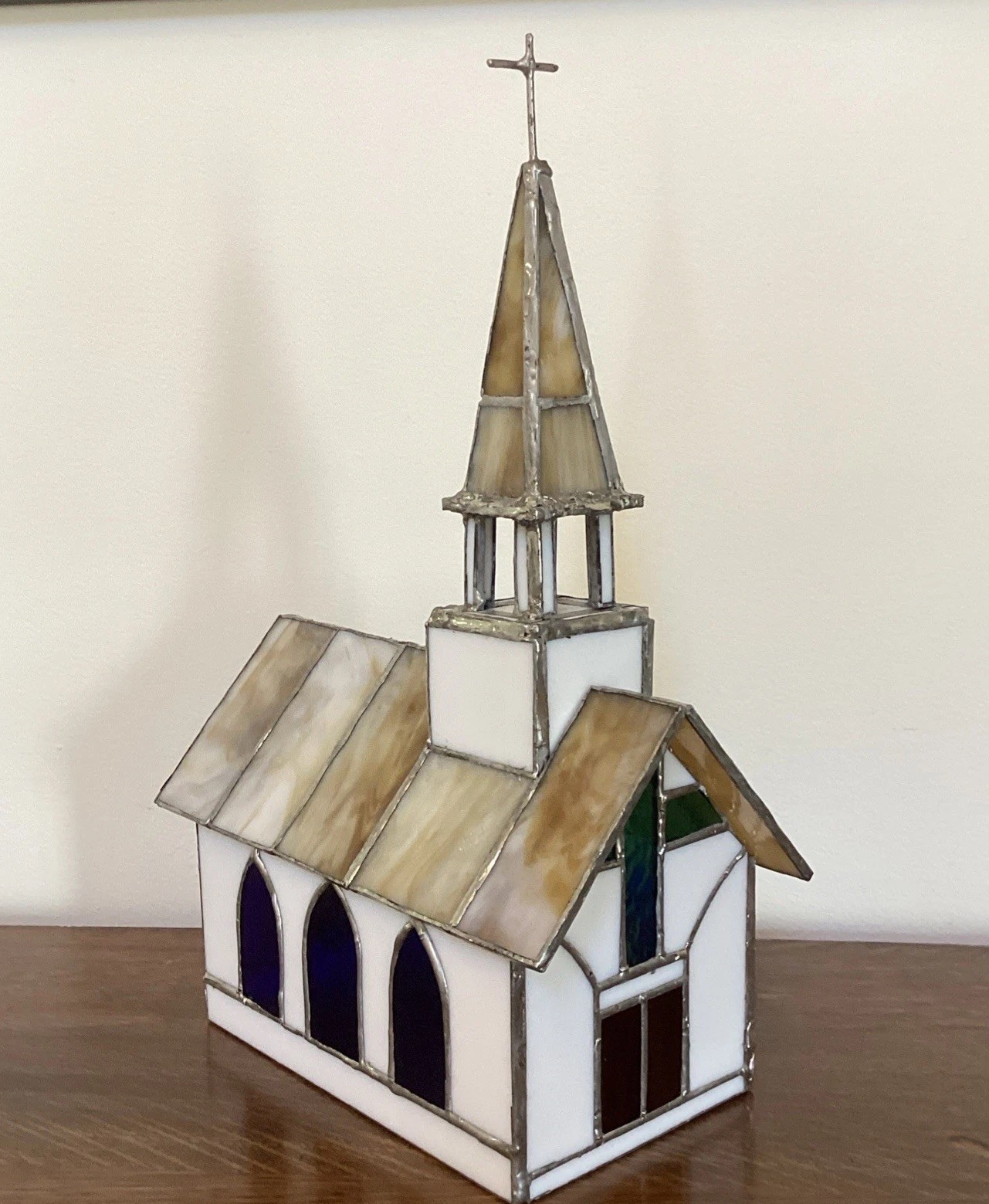 Vintage Stained Glass Church with Steeple Handmade Beautiful Details