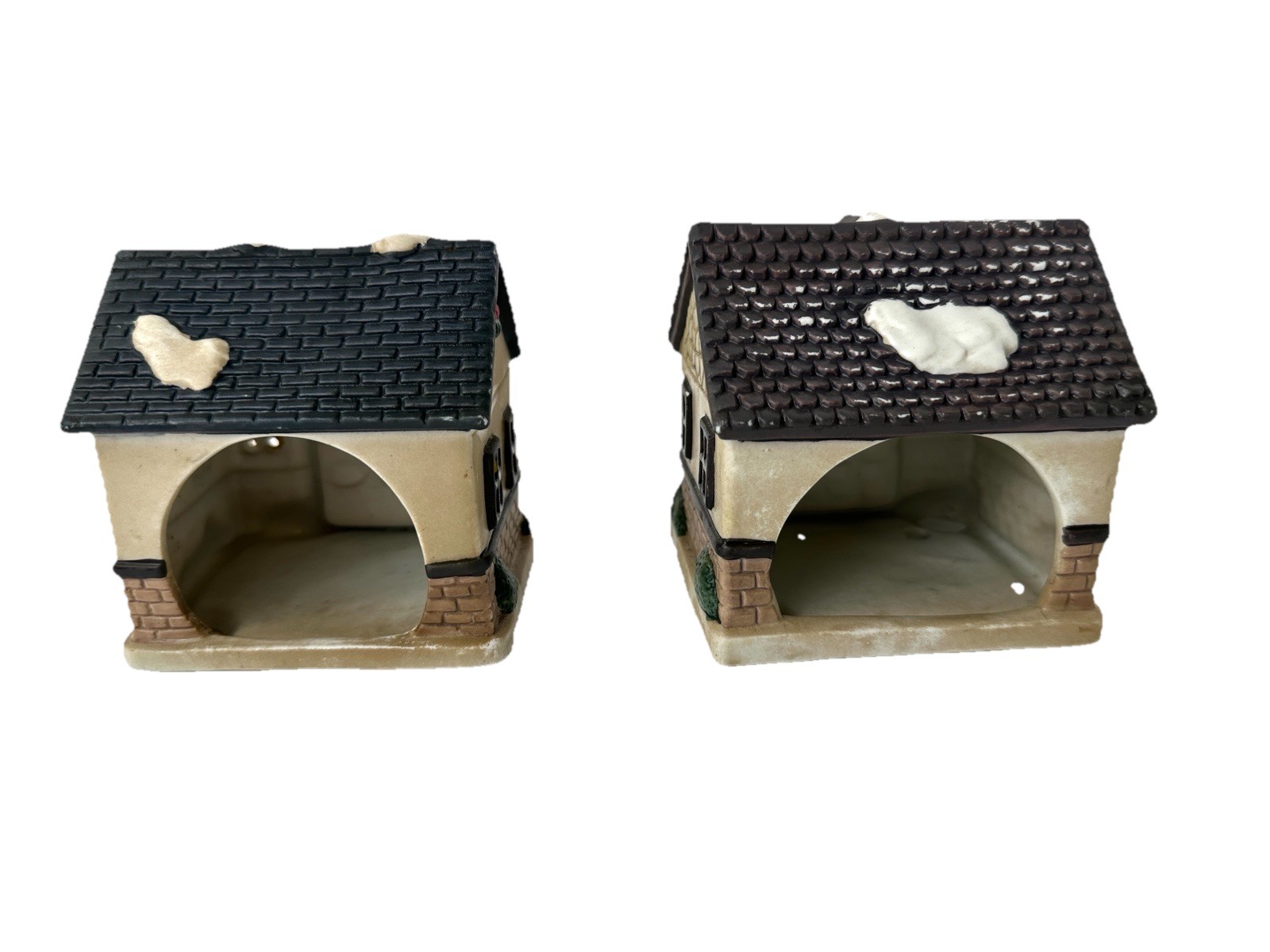 Vintage Ceramic Christmas Village House Set Of 2, Tea Light Candle Holders