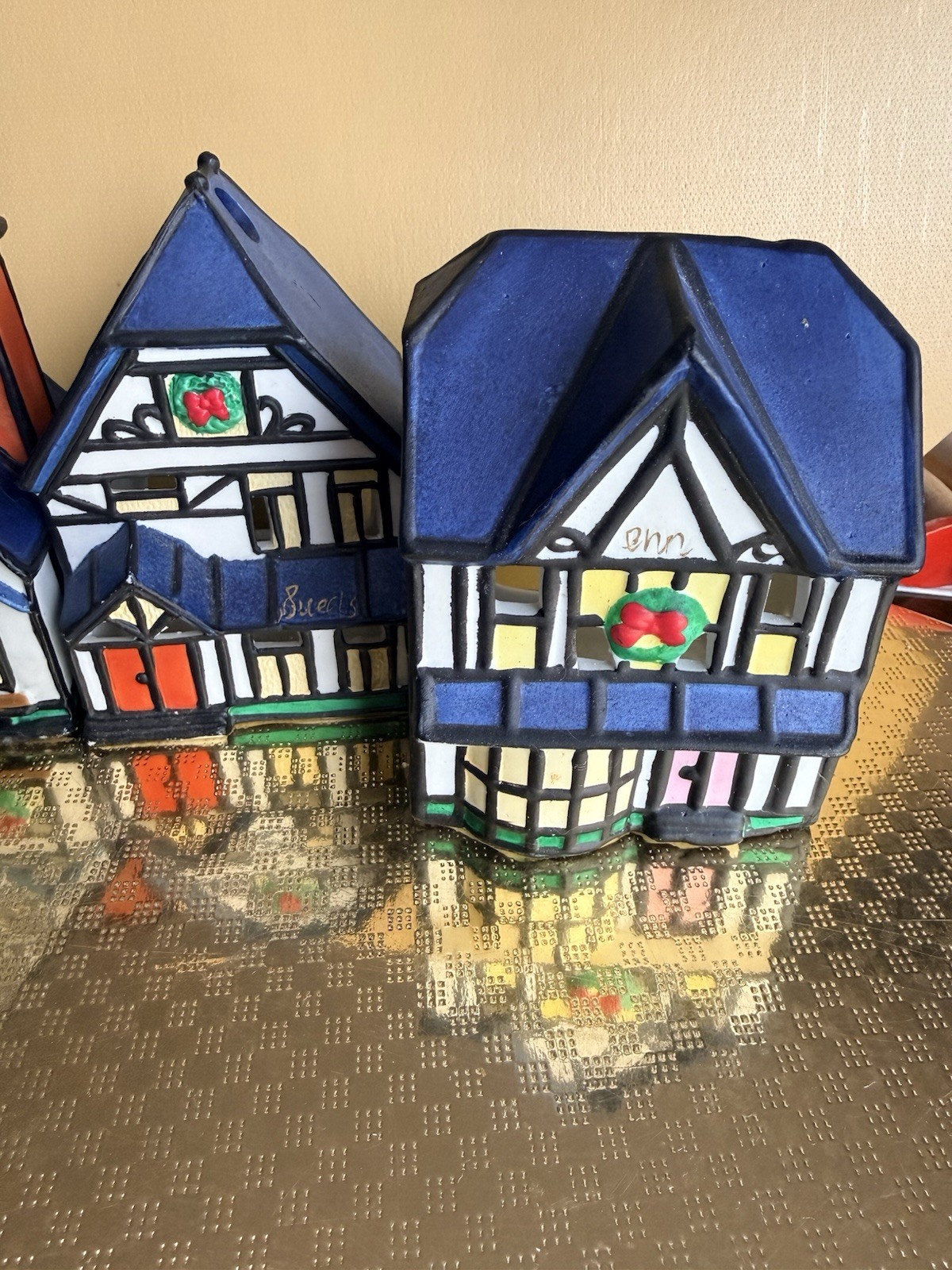 Vintage Porcelain Houses Christmas Collection Stained Glass Appearance Set of 4