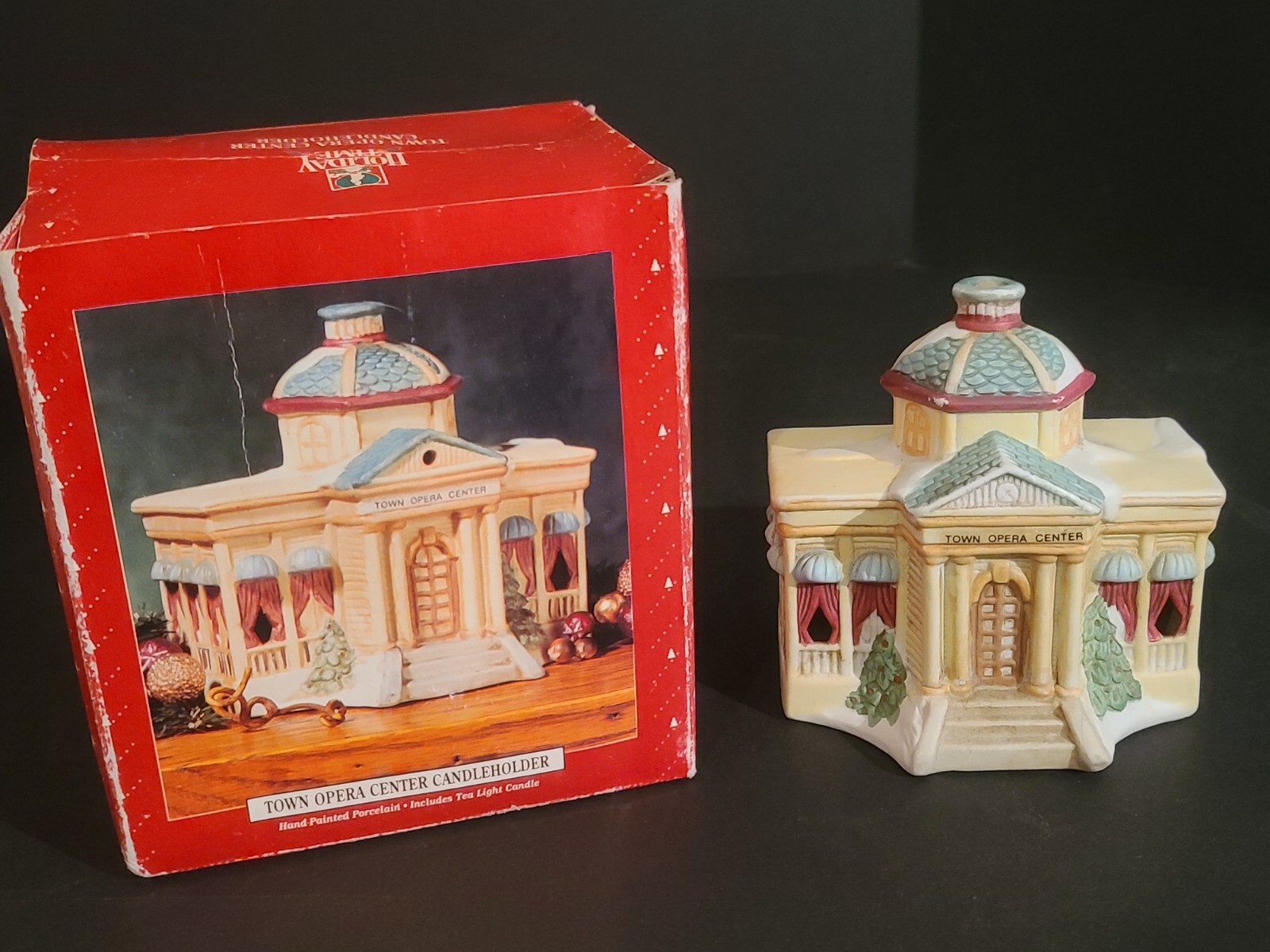 Hand Painted Christmas Town Opera Center Porcelain House Candle Holder With Box