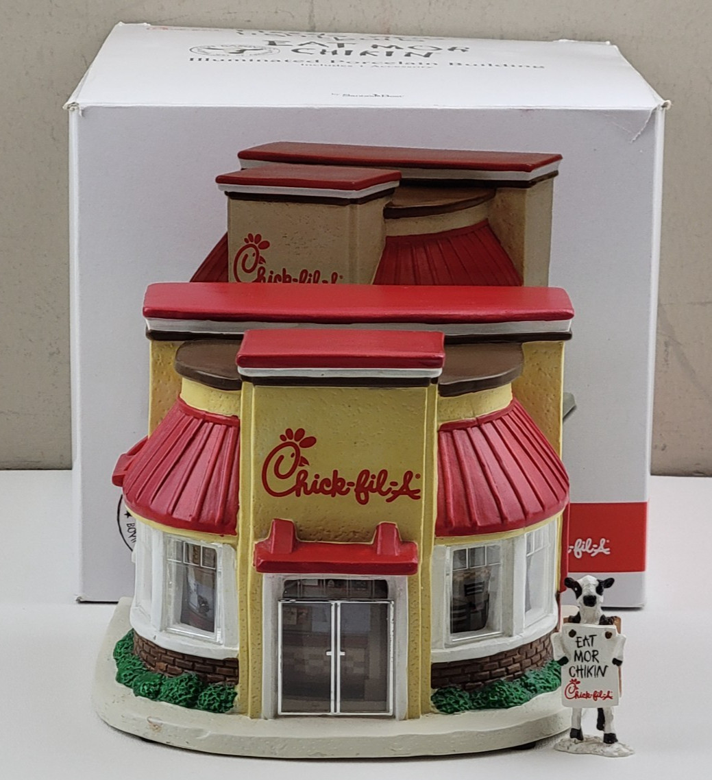 Santa’s Best Chick-Fil-A Illuminated Porcelain Christmas Village Building w/ Cow