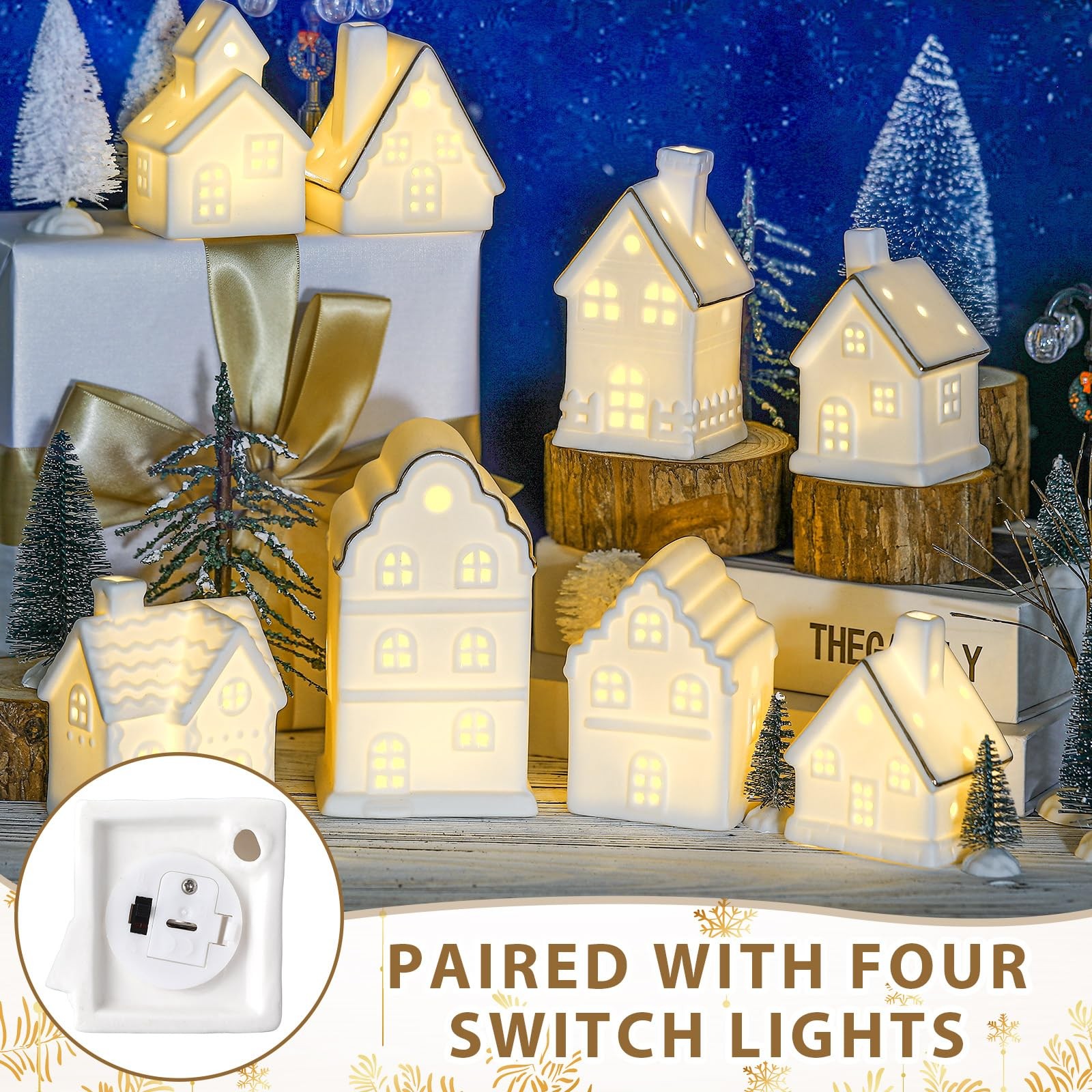 28 Pcs Ceramic LED White Christmas Village Set Include 8 LED White Christmas …