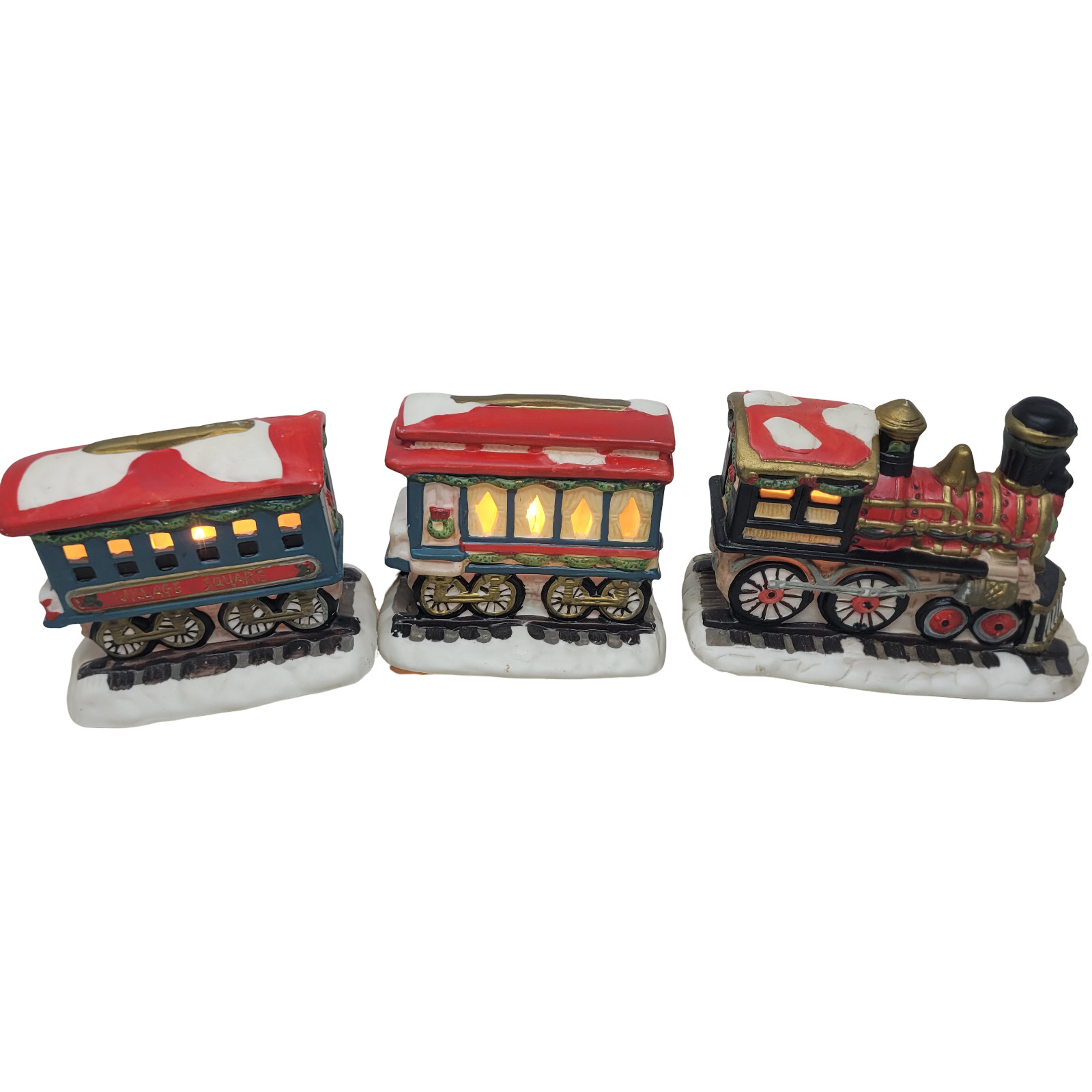 Christmas 1997 Village Square Lighted 3 Piece Ceramic Train Set Mervyn’s working
