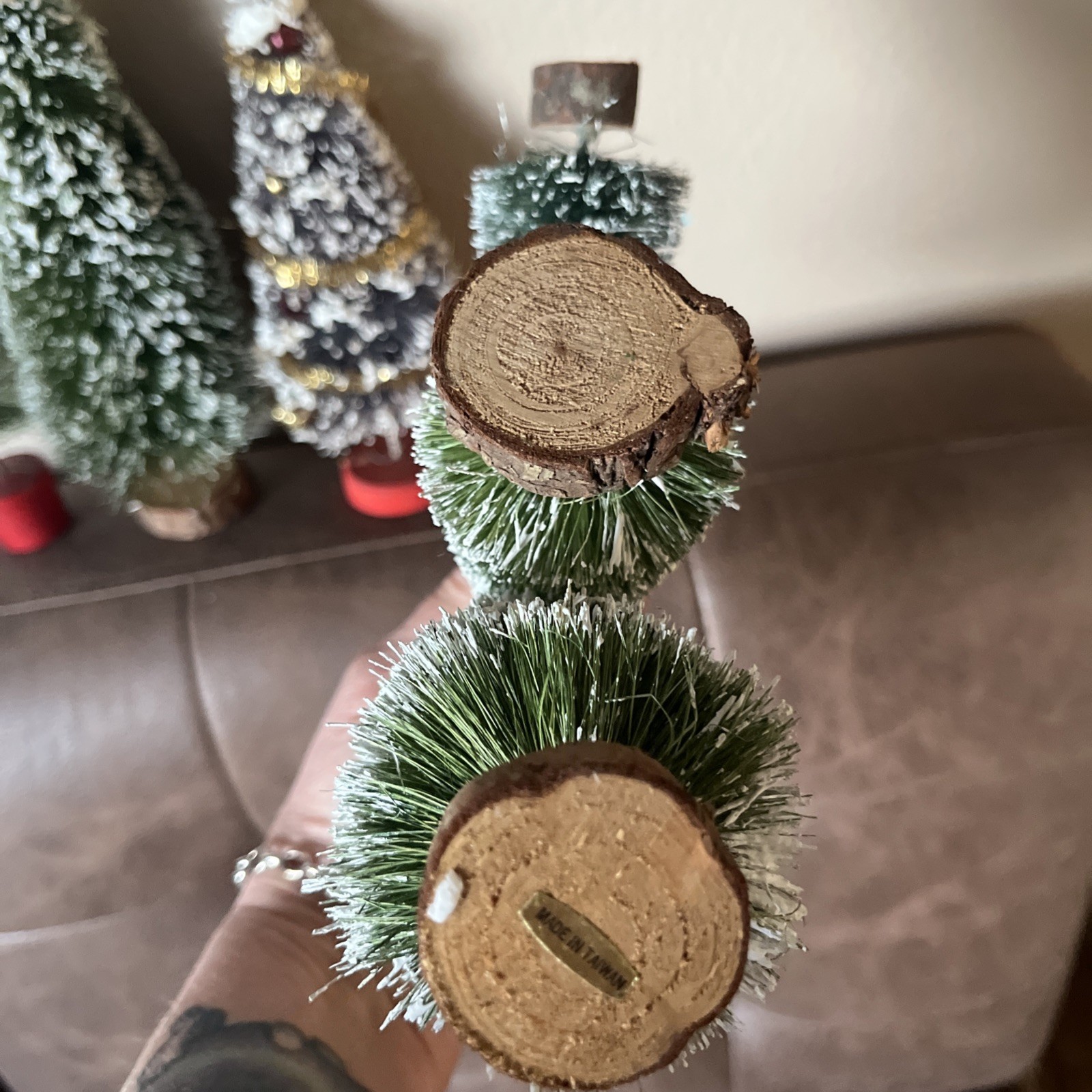 Six Vintage Taiwan Bristle Brush Snow Pine Tree Lot Of Trees 5”-9.5” Christmas