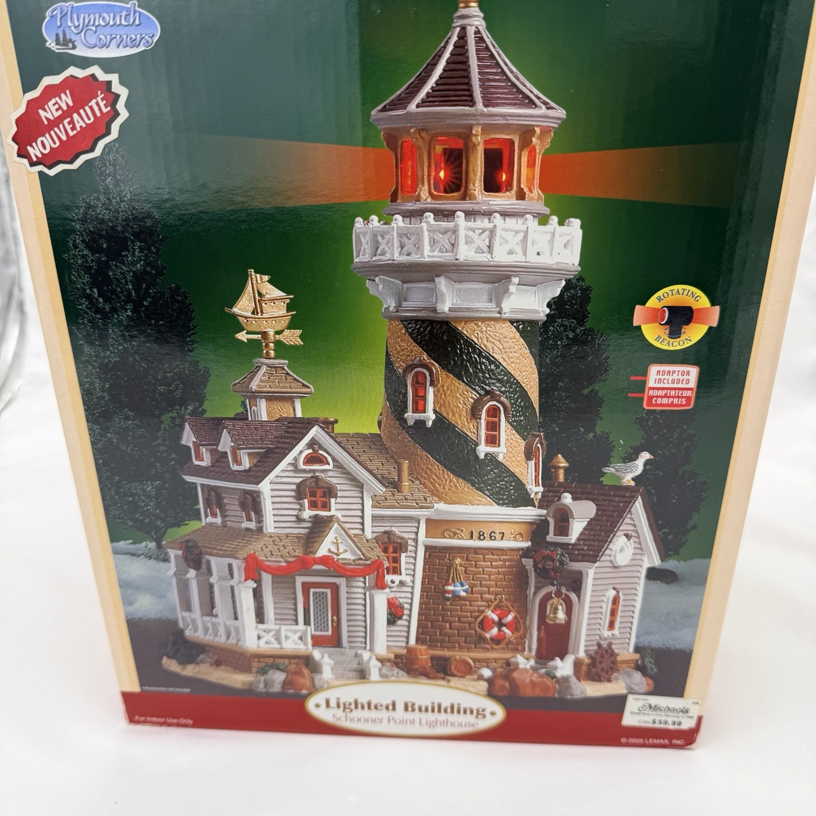 Lemax Plymouth Corners Schooner Point Lighthouse Lighted Building Rotating Beac