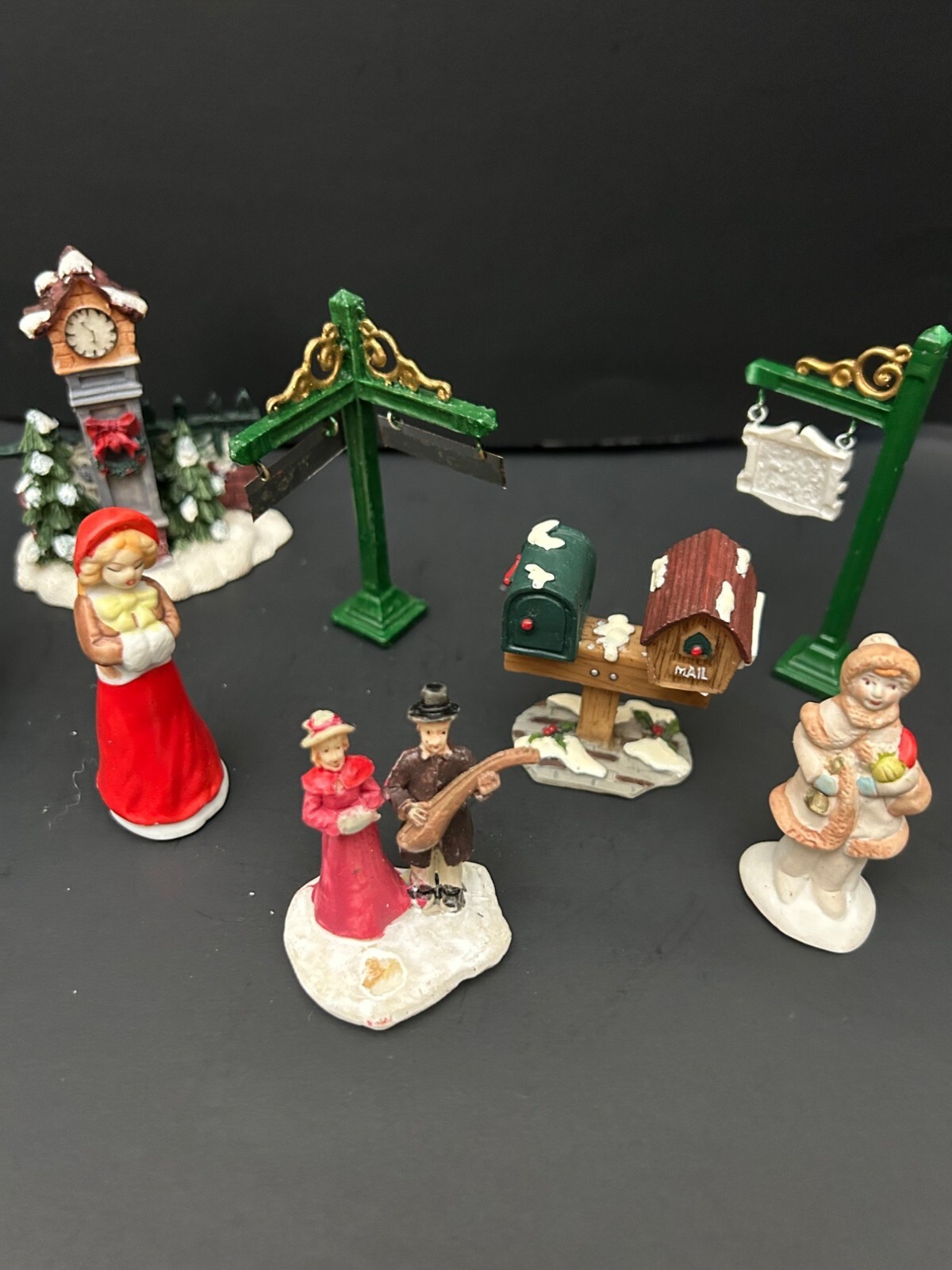 Christmas Village Figurine Set Carolers Clock Tower Mailbox Signs & Snowy Trees