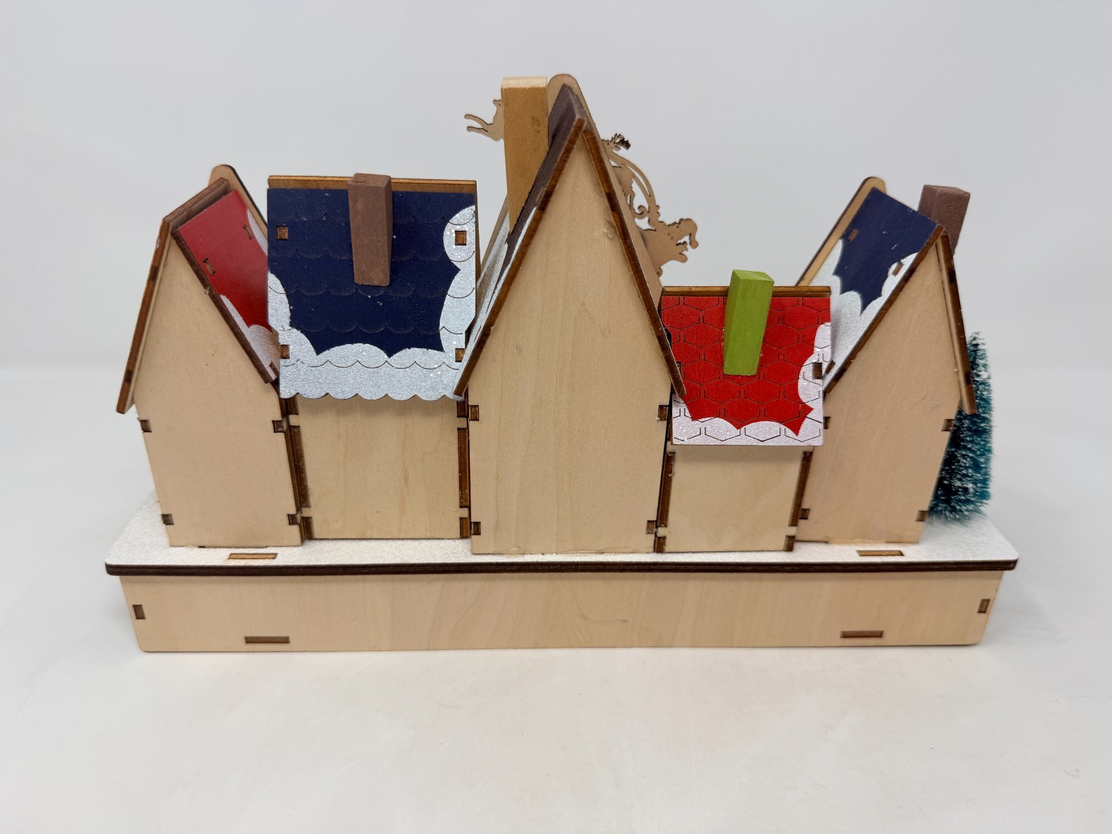 Laser Cut Wood LED Lighted Holiday Christmas Village w/Santa & Reindeers