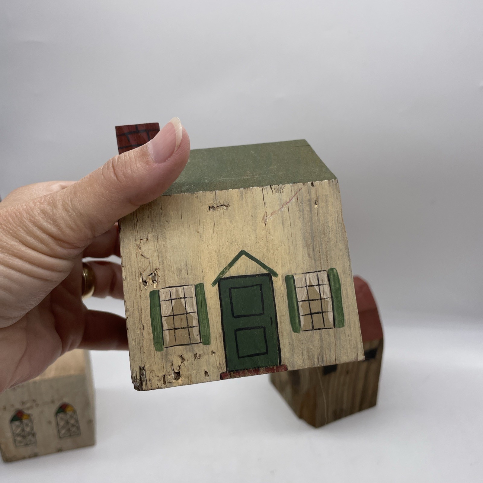 Primitive Mini Buildings Block Wooden House Church Barn Folk Art Lot Of 3 – 1988