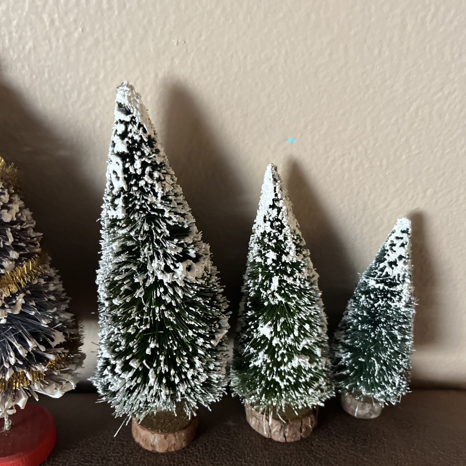 Six Vintage Taiwan Bristle Brush Snow Pine Tree Lot Of Trees 5”-9.5” Christmas
