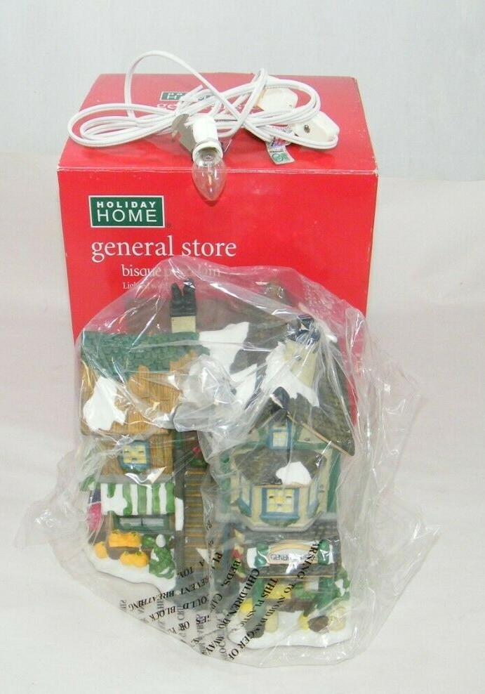HOLIDAY HOME GENERAL STORE BISQUE PORCELAIN LIGHTED INTERIOR SCENE CHRISTMAS