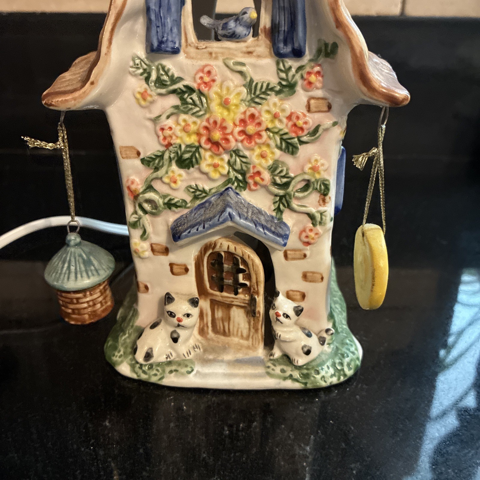 Vintage Whimsical Lighted Fairy Cottage House Bird Cat Flowers Cottagecore