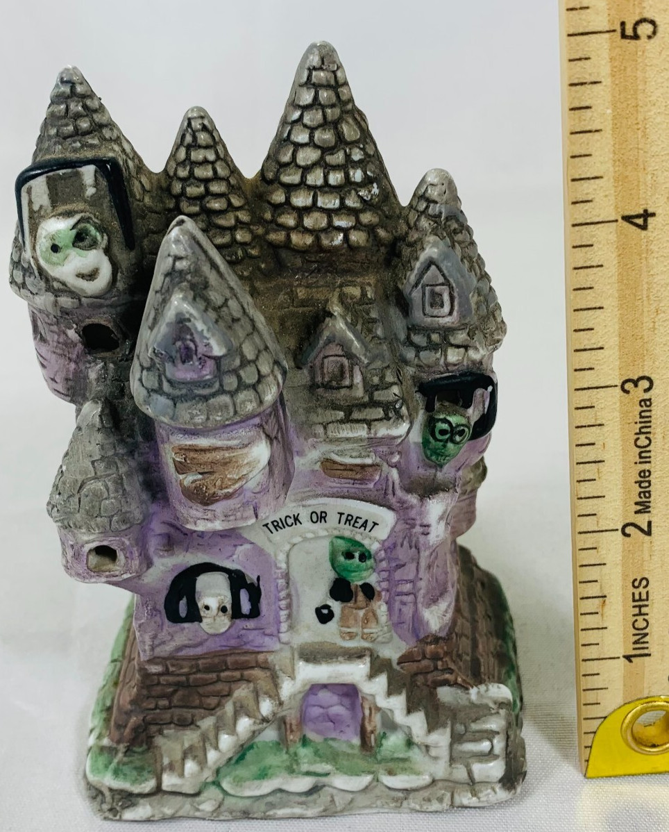 Vintage Hand Painted Porcelain Haunted House Tealight Candle Holder 5″