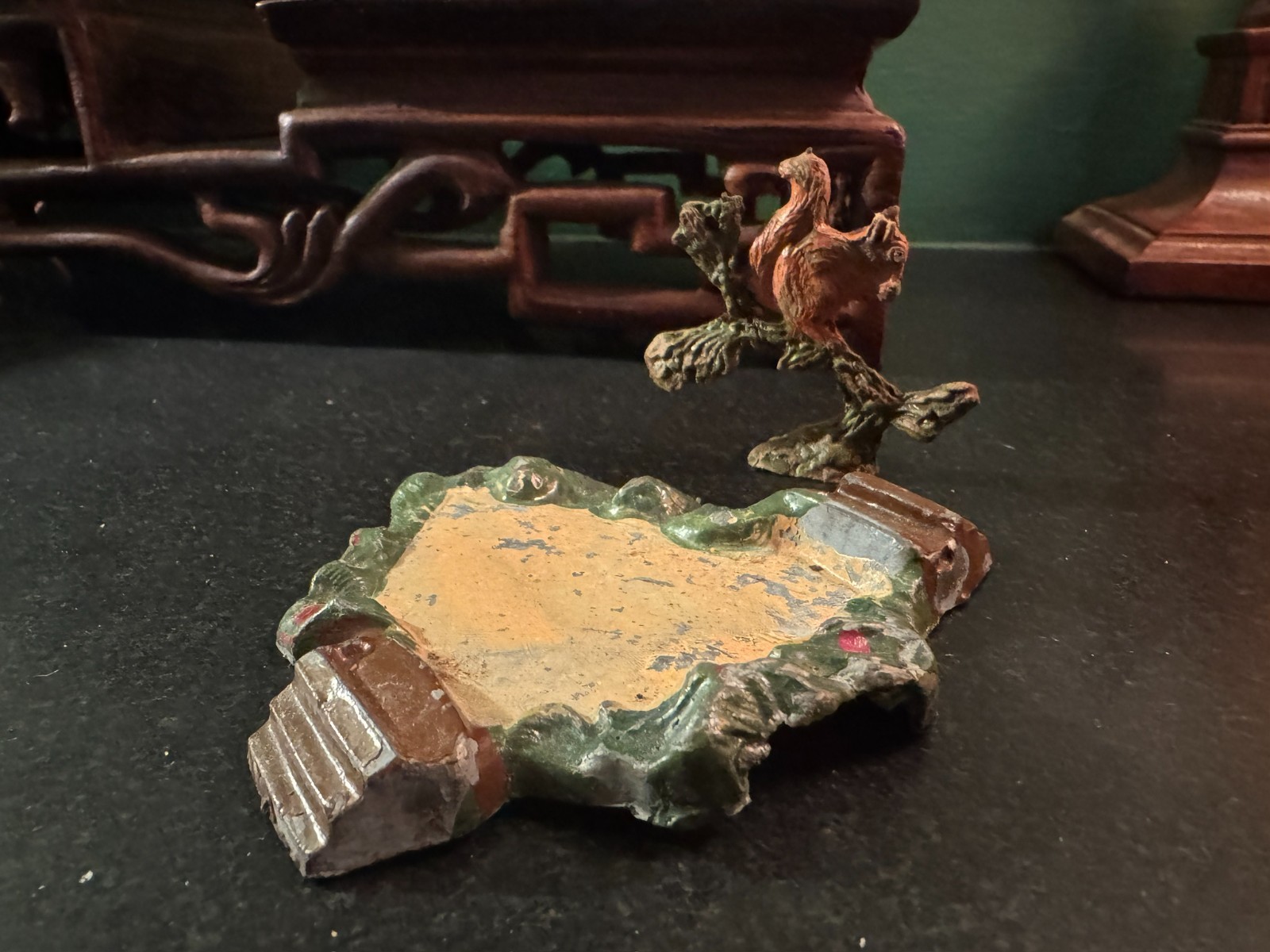 Antique c 1920 Putz squirrel in tree & pond, metal casted painted abt. 2.5×2.5