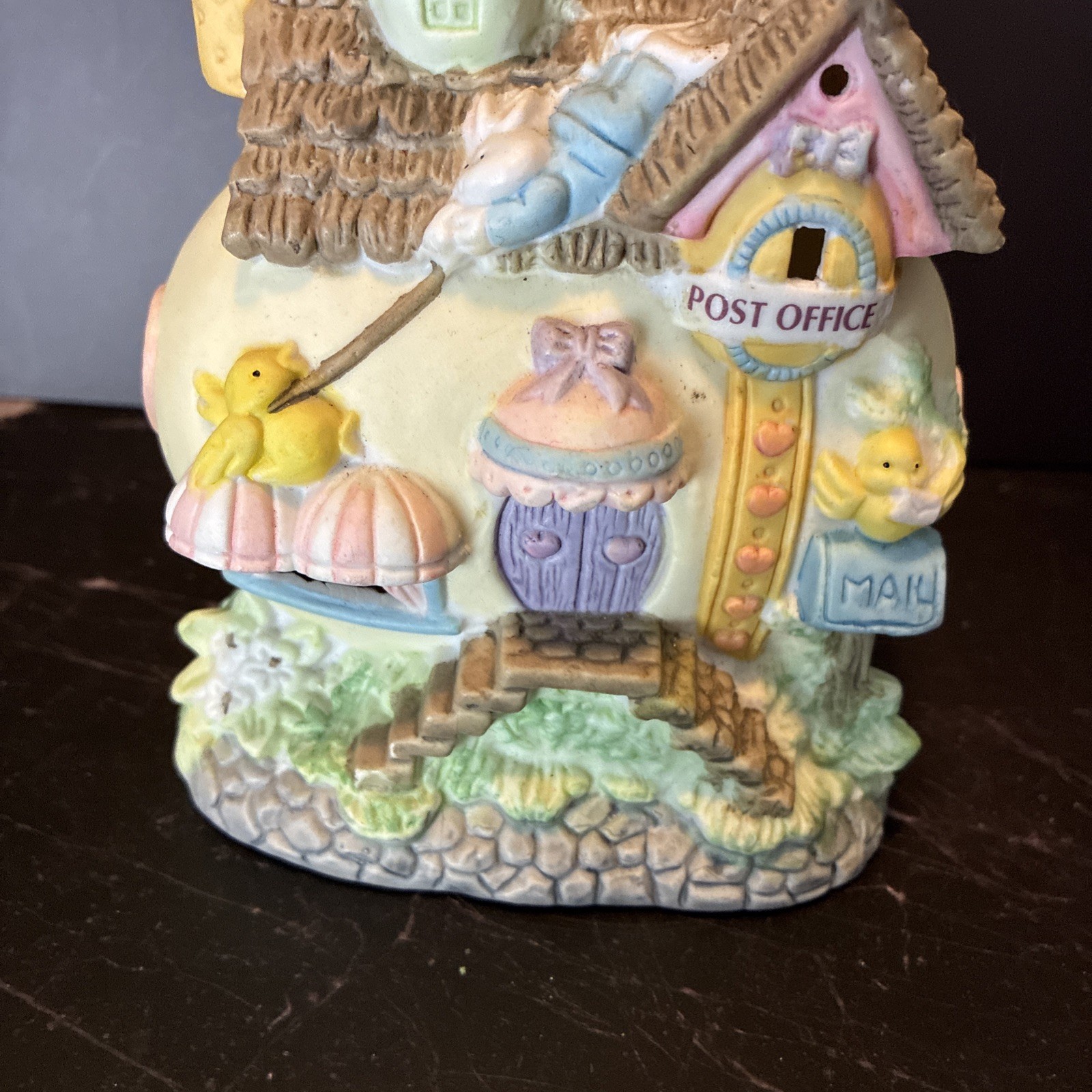 Vintage Easter Bunny House Figurine Post Office Cottage Pastel Spring Decor