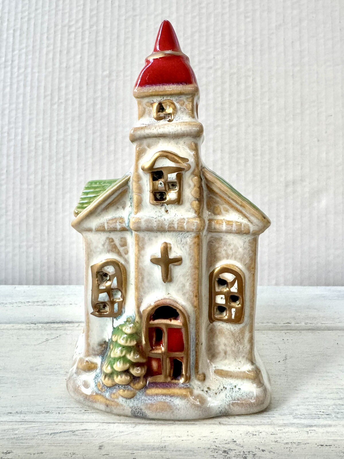 Christmas Village Church 5.5” H x 3”W x 4”L Glossy Luster Glaze Porcelain