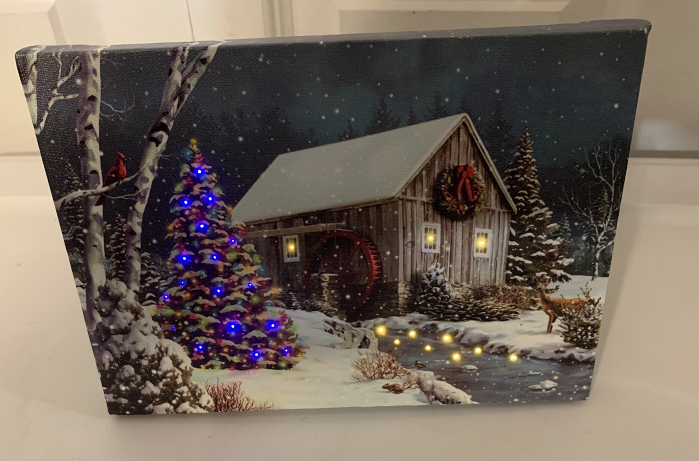Tabletop LED Lighted Cabin Winter Snowy Scene 6″x 8″ approx Cabin Waterwheel