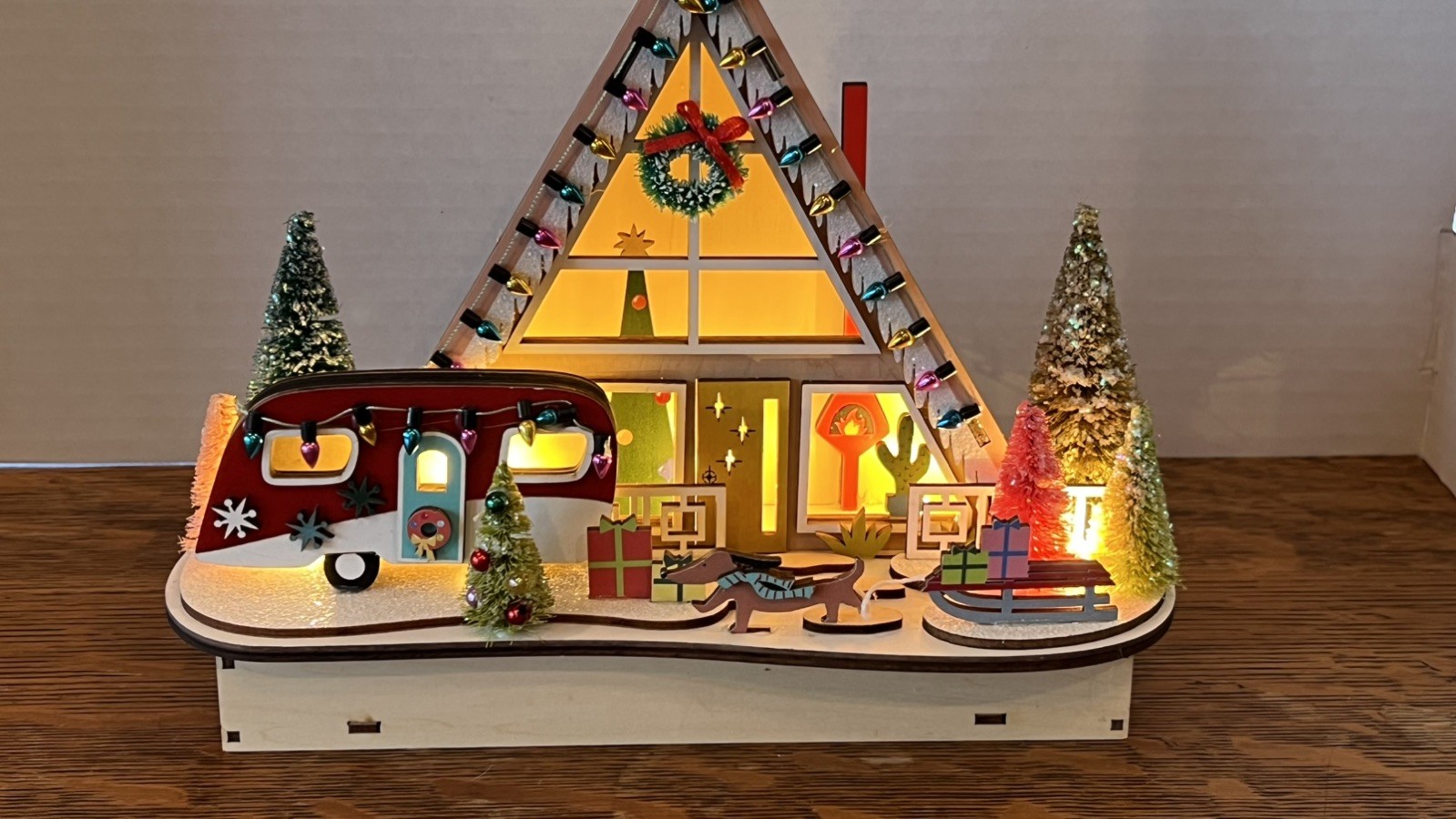World Market 2024 MCM Lighted Wood Cut A-Frame Christmas Holiday House. RV. Dog