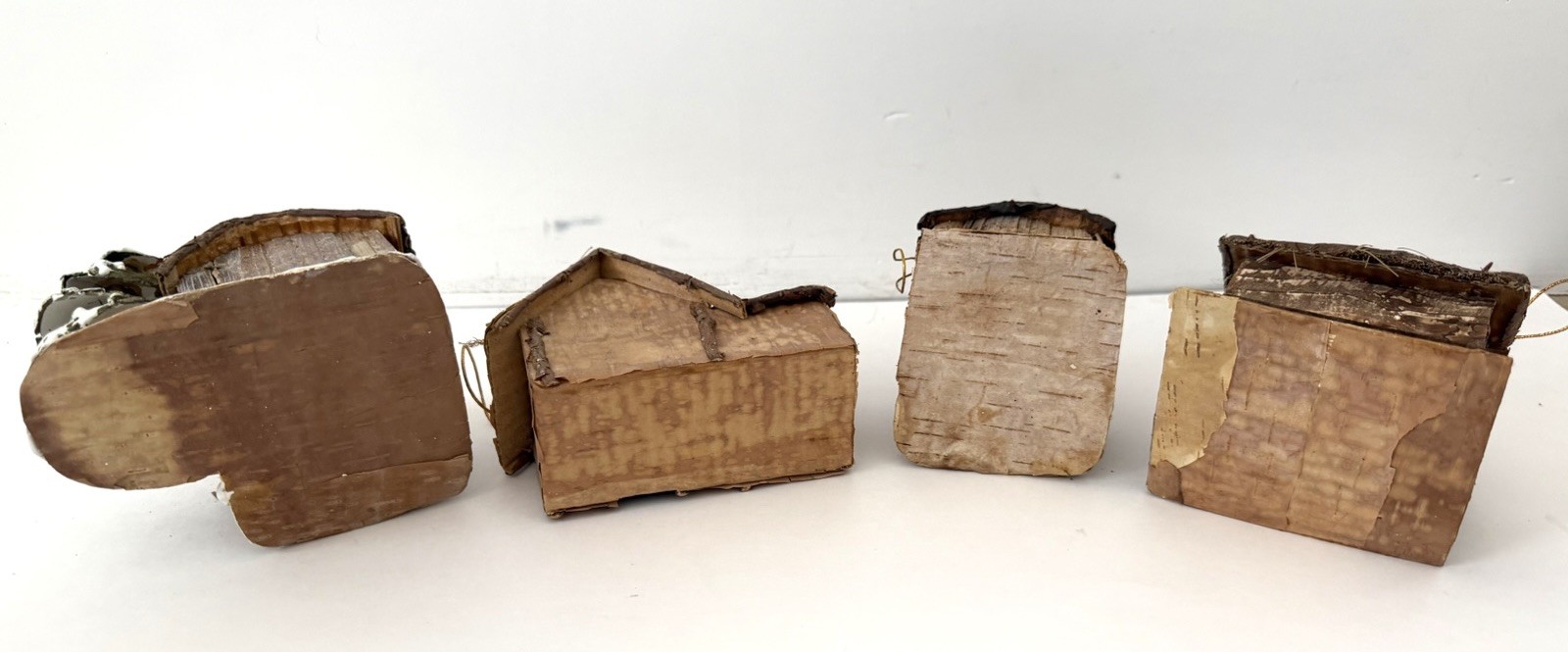 Vintage Miniature Folk Art Cabin Houses Ornaments, Bark, Wood, Straw, Lot Of 4
