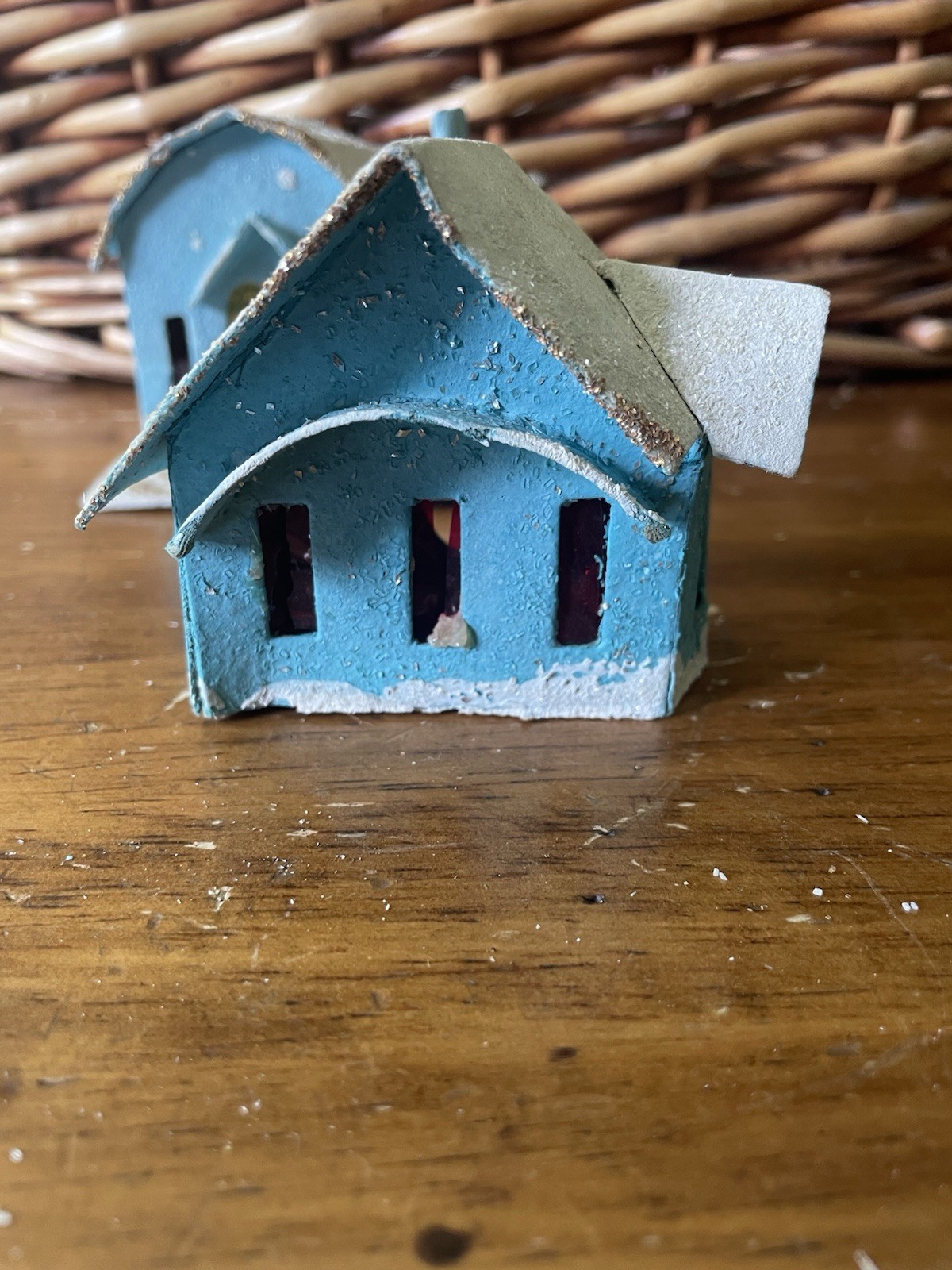 Vintage Lot 6 Japan Putz Cardboard Houses Miniature Church Village Mica