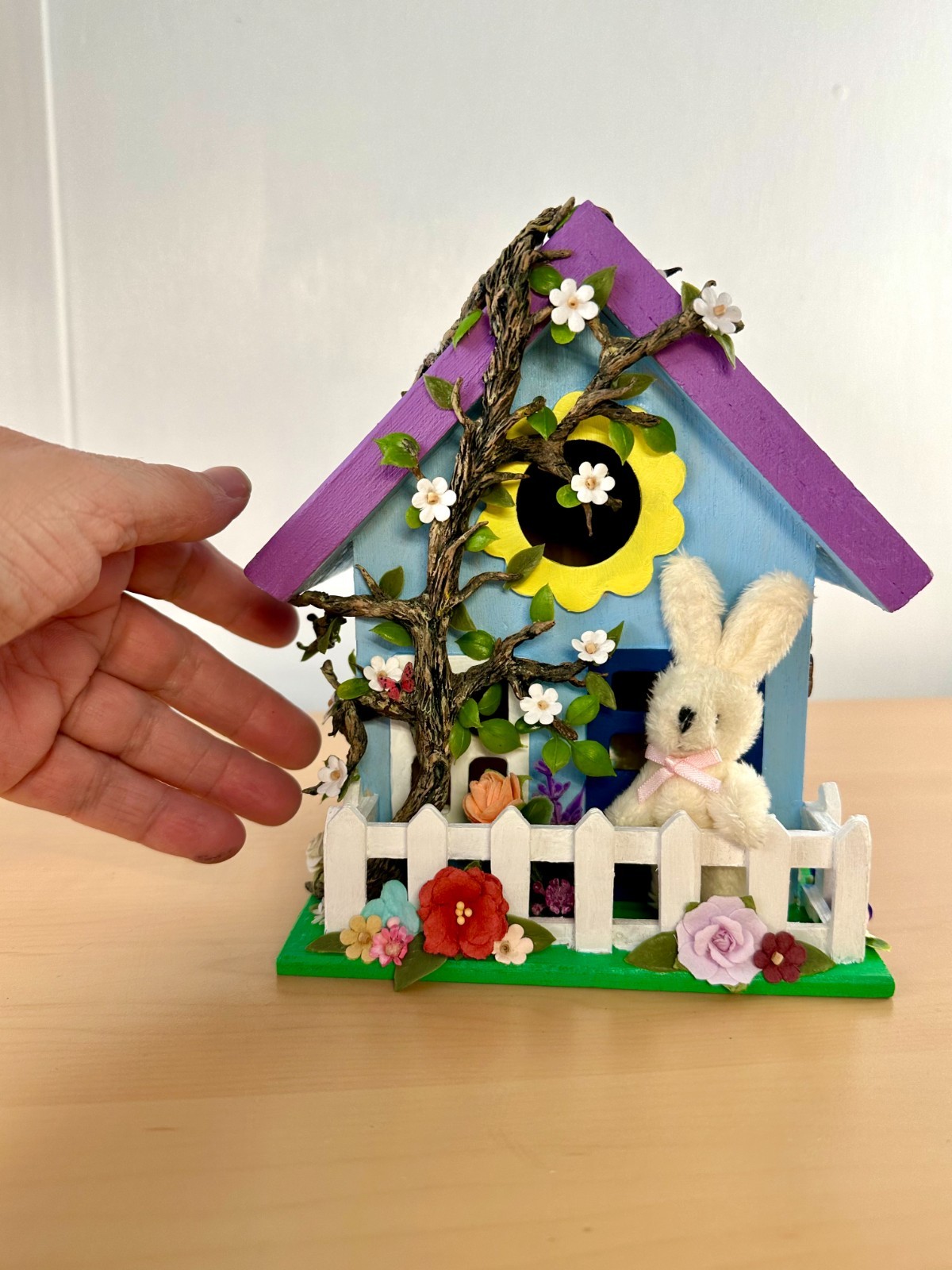 New Original Medium Blue Wooden Easter Village House with Lights and Fuzzy Bunny