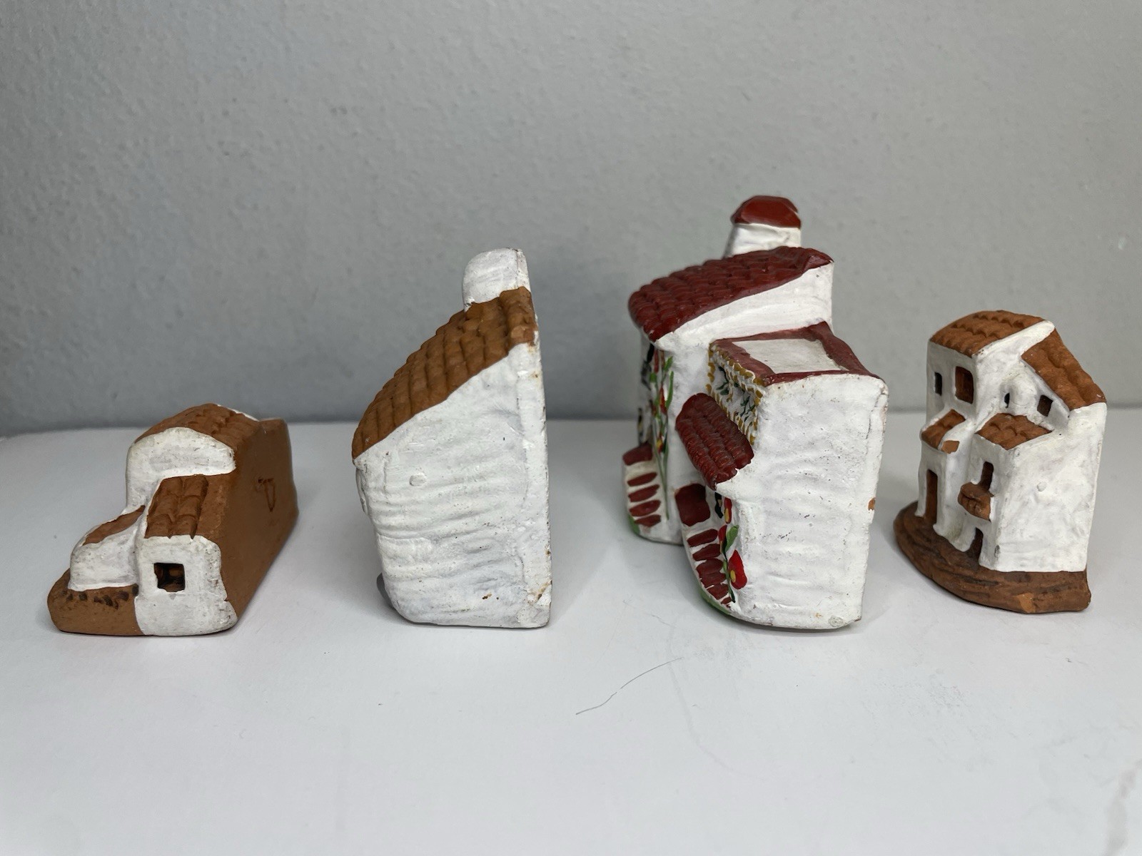 Set Of 4 Spanish Terracotta Miniature Hand Painted Pottery Buildings/Houses