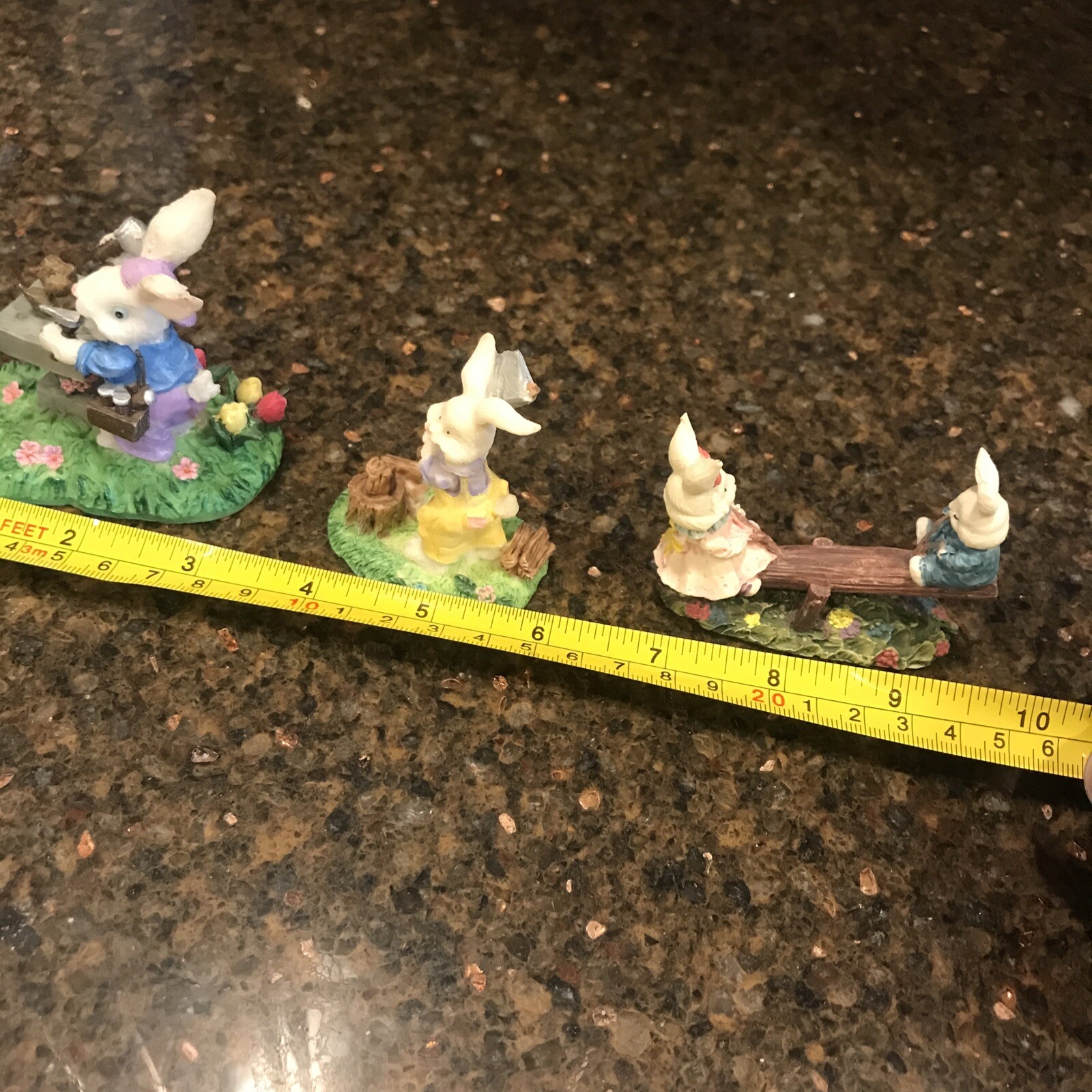 lot of 3 Easter Village Bunny Figures carving chocolate/chopping wood/teeter Vtg