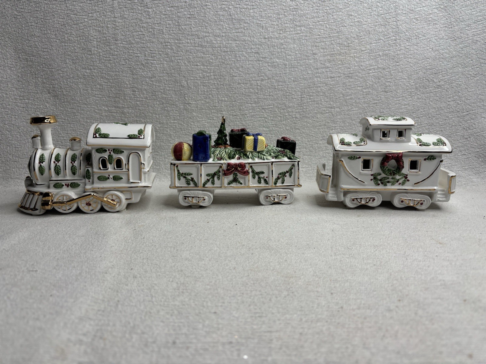 K-Mart Classic Traditions 3 Piece Ceramic Train Set With 24k Gold Accents