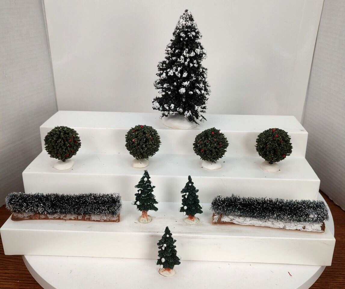 Lemax 10 Assorted 3 Resin Pines/4 Brush’s 2 Hedges/Frosted Pine Tree Accessorys