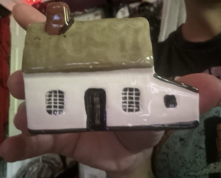 Handmade Hand Painted Ceramic Miniature House Figurine, Small White/Brown/Black