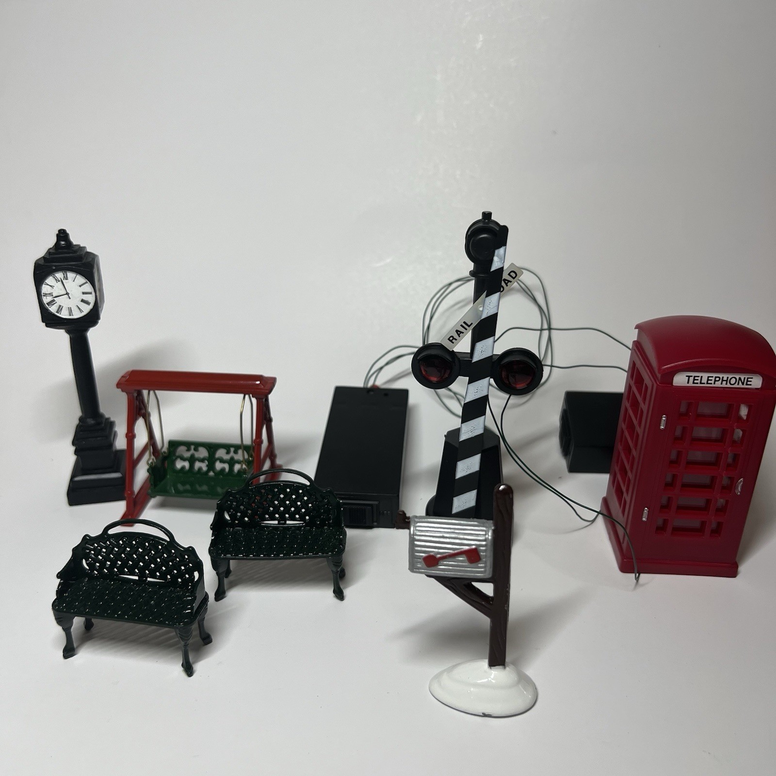 Lemax Vintage Christmas Village Lot WORKING Lighted Railroad Clock Phone Booth