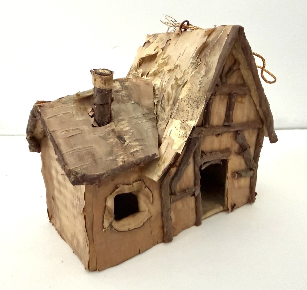 Vintage Miniature Folk Art Cabin Houses Ornaments, Bark, Wood, Straw, Lot Of 4