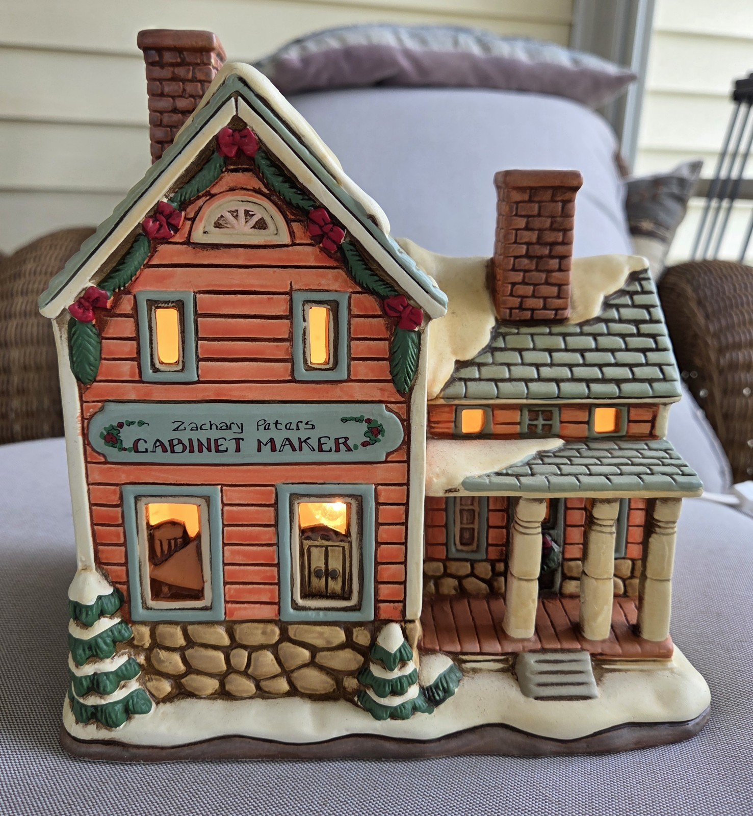 Lefton Colonial Village Cabinet Maker Shop w/ Light, Cord, and Deed. 1994