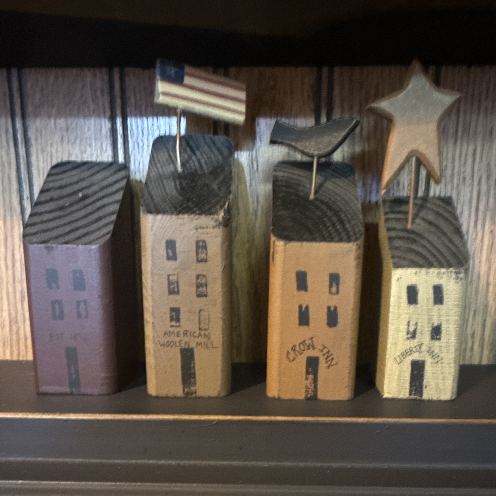 Hand Painted Rustic Wooden Miniature Village Houses Set of 4 Decor