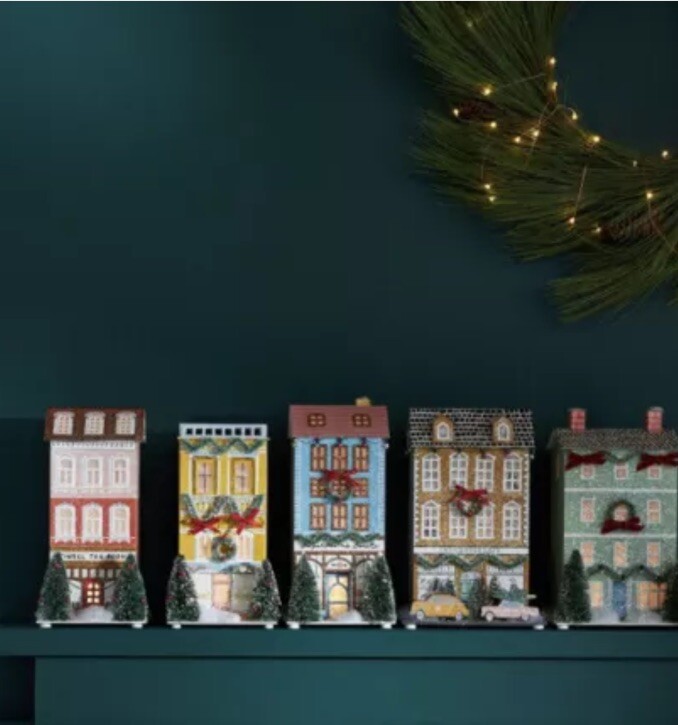 Anthropologie George & Viv Light-Up Village House Store Tea Sugar Plum Set of 4